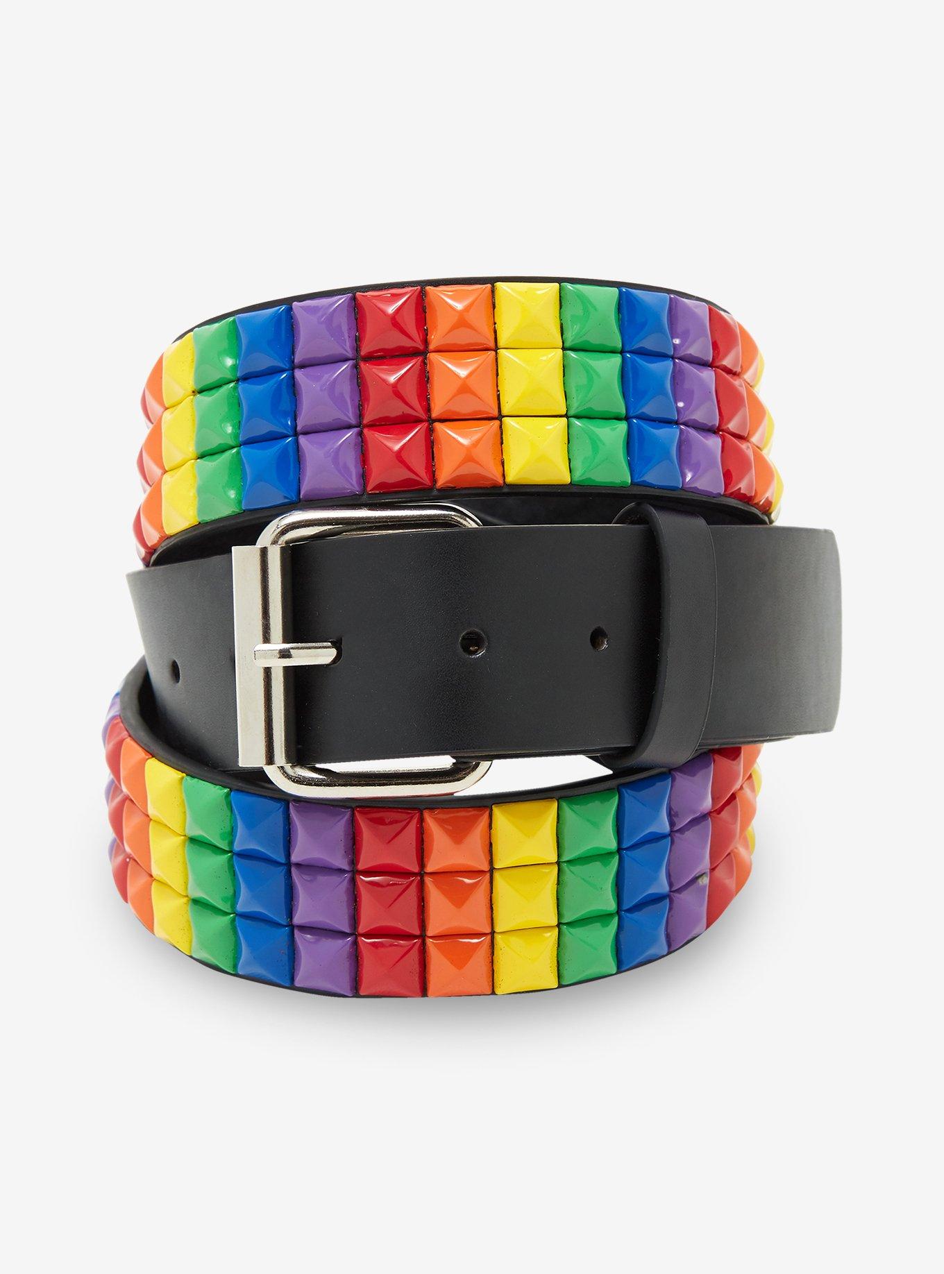 Rainbow Three Row Pyramid Stud Belt, , hi-res