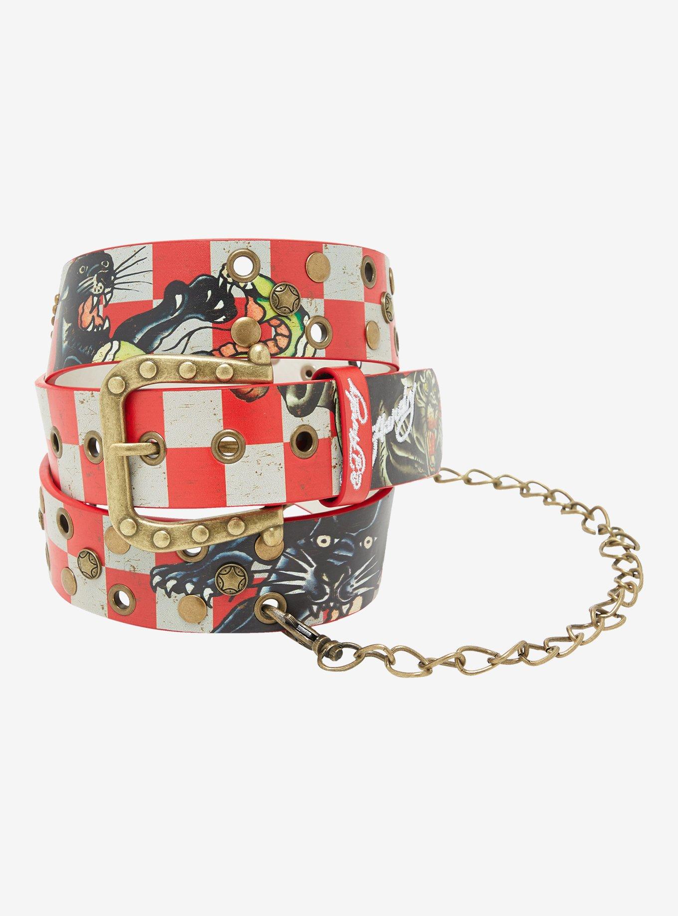 Ed Hardy Red & White Checker Chain Belt, , hi-res