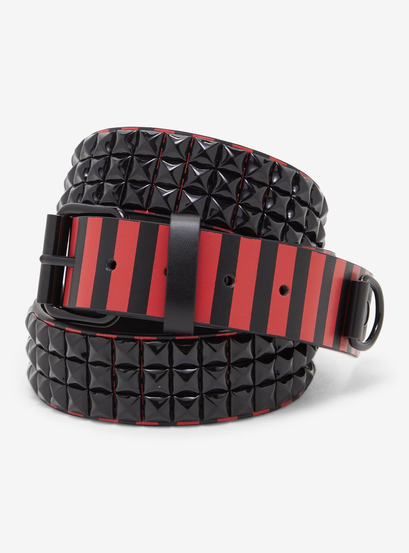 Red & Black Stripe Pyramid Stud Belt, , hi-res