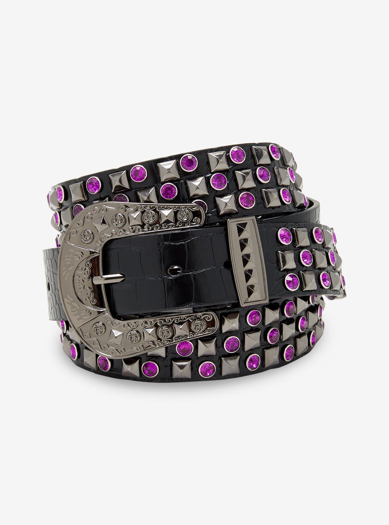 Black & Purple Crocodile Stud Belt, , hi-res