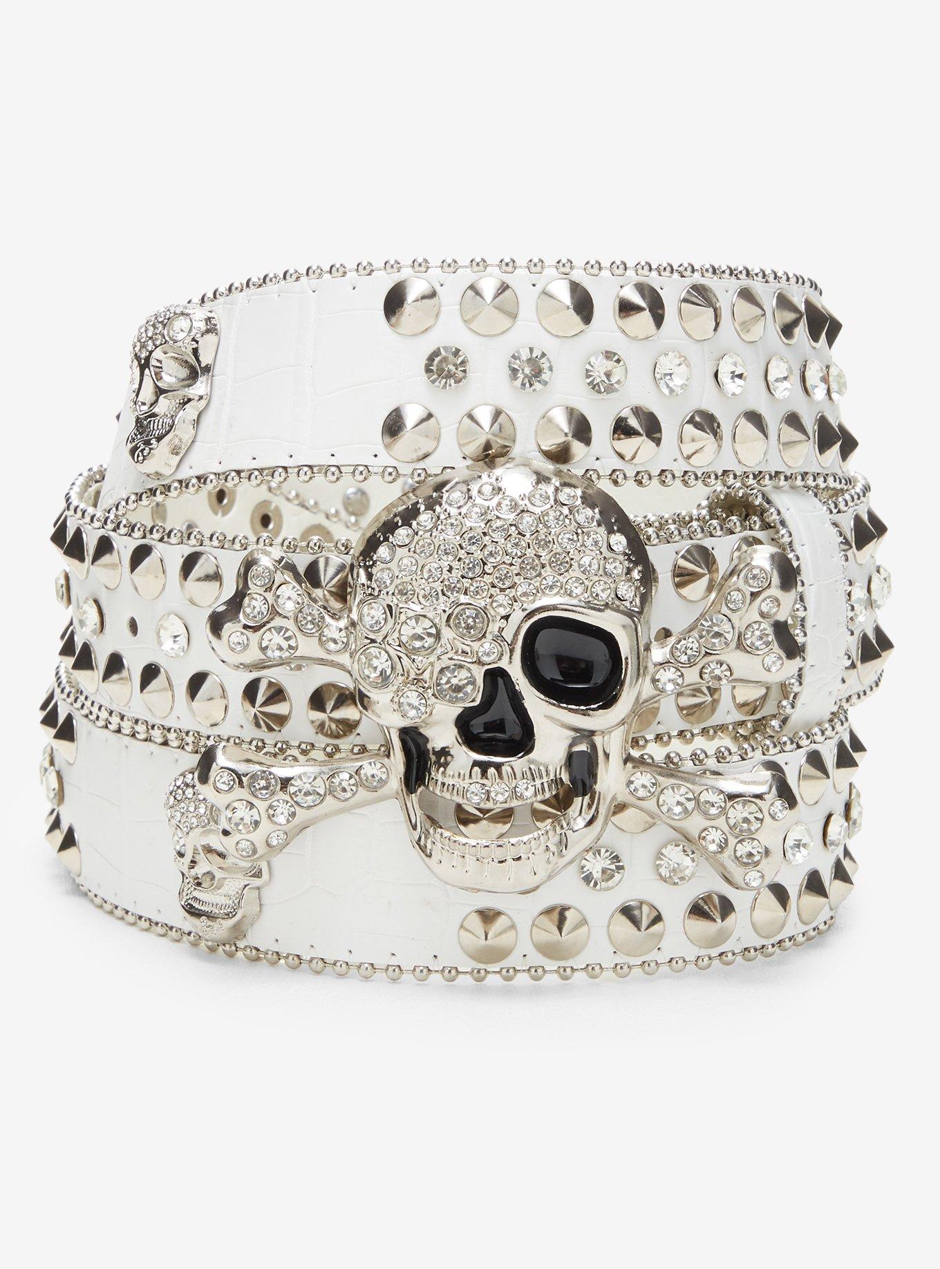 White Snakeskin Skull Bling Belt, , hi-res