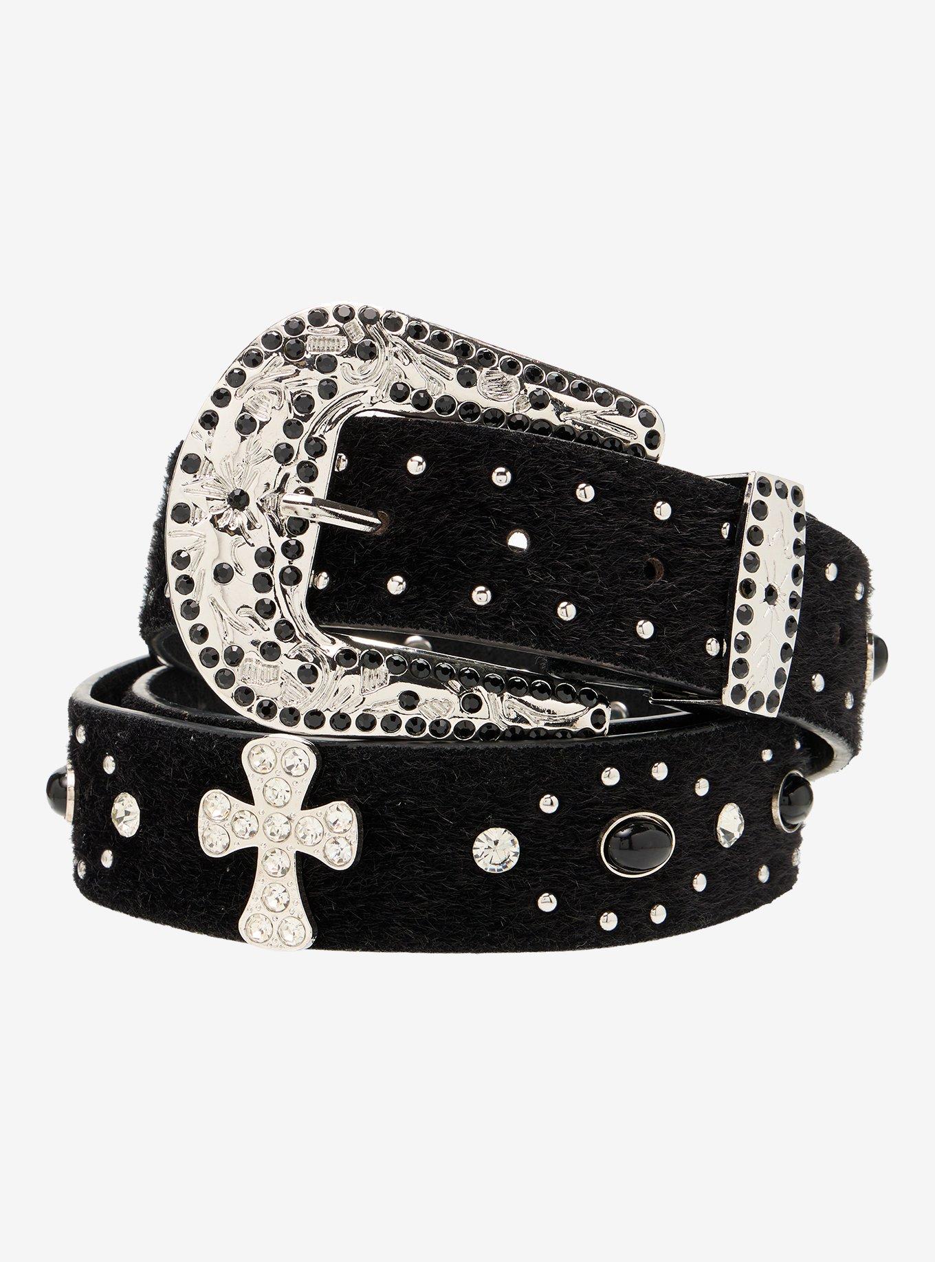 Black Faux Fur Stud & Gem Belt, , hi-res