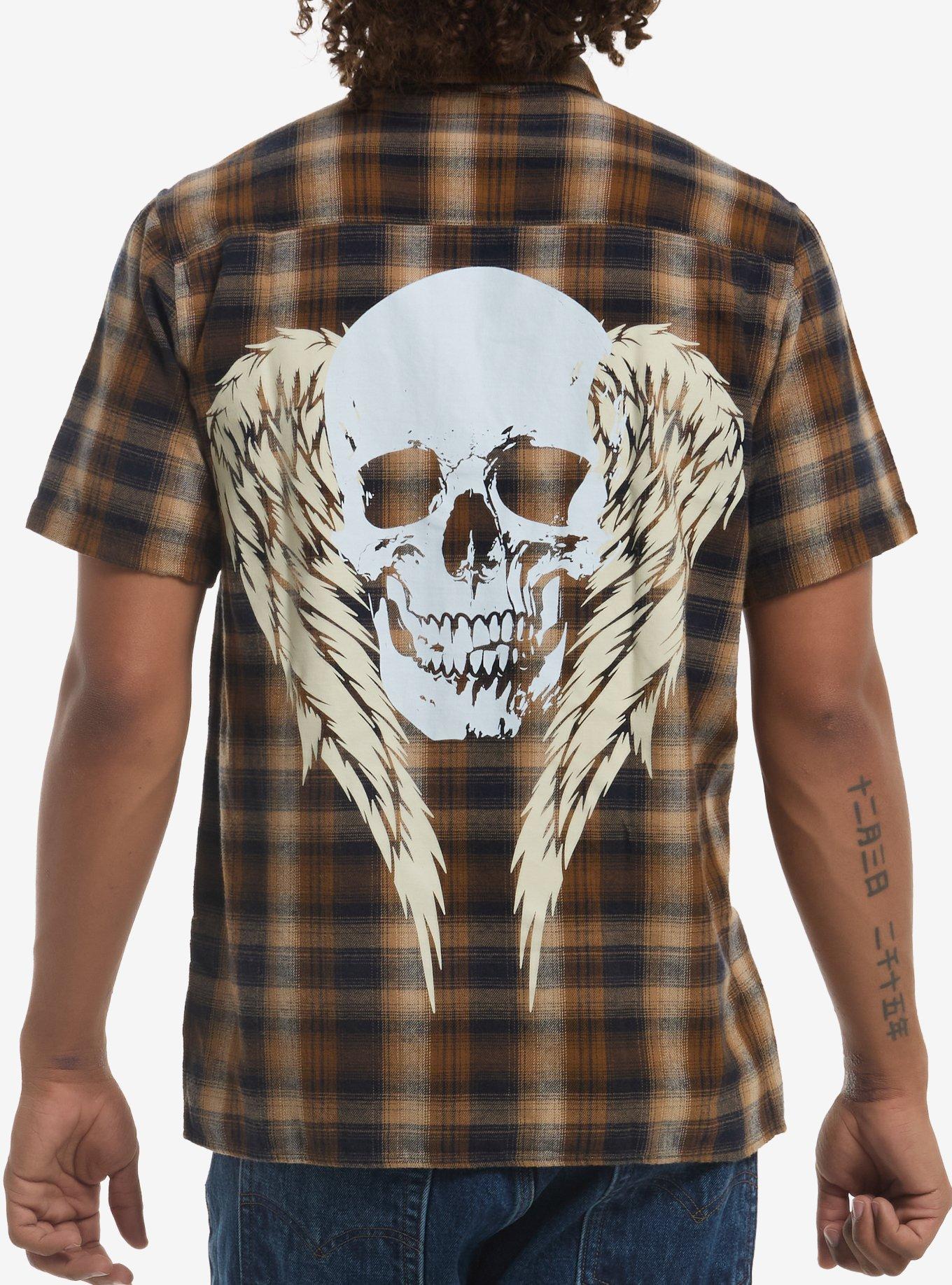 Winged Skull Plaid Woven Button-Up, , hi-res