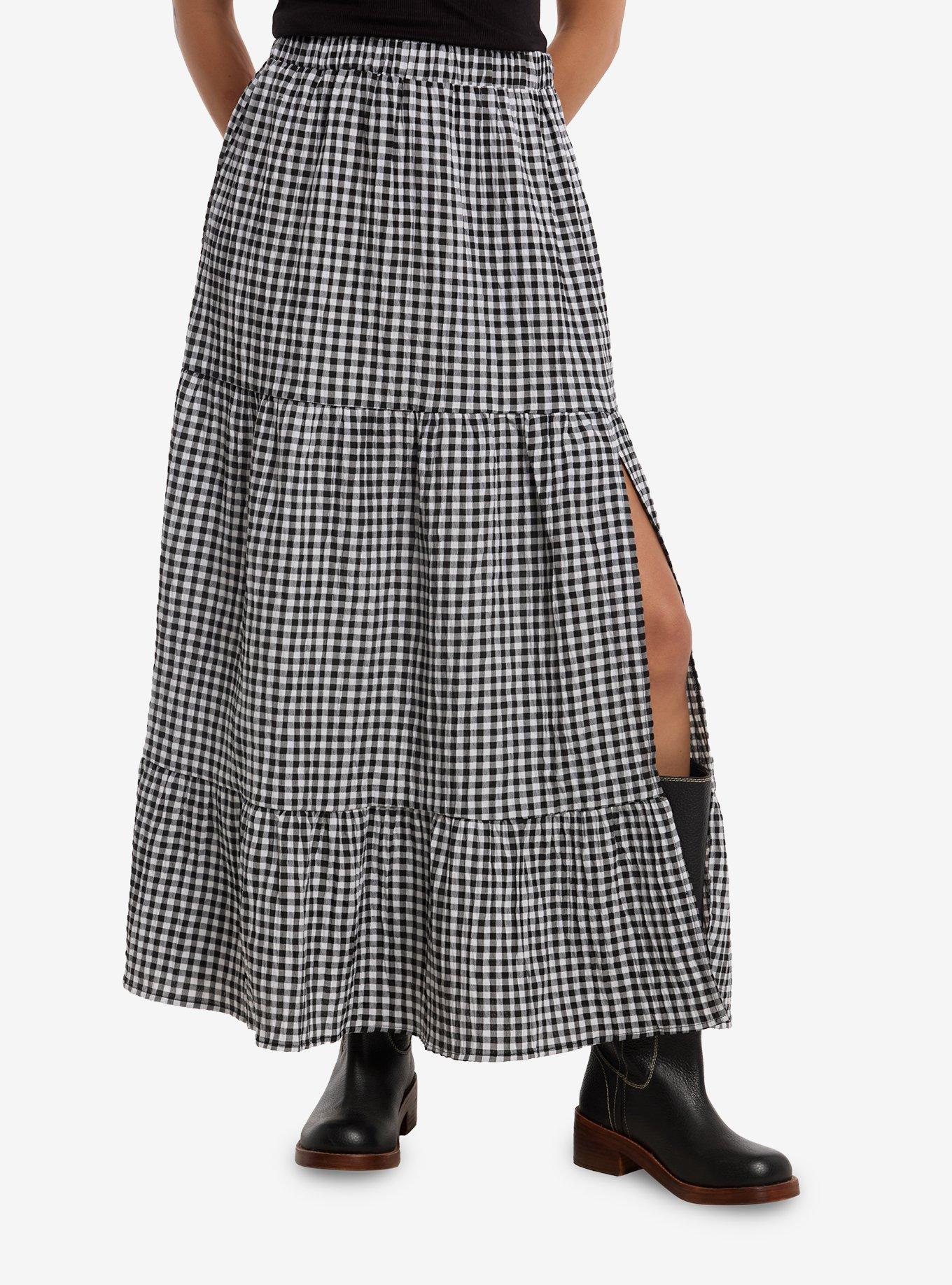 Black & White Gingham Tiered Midi Skirt, , hi-res