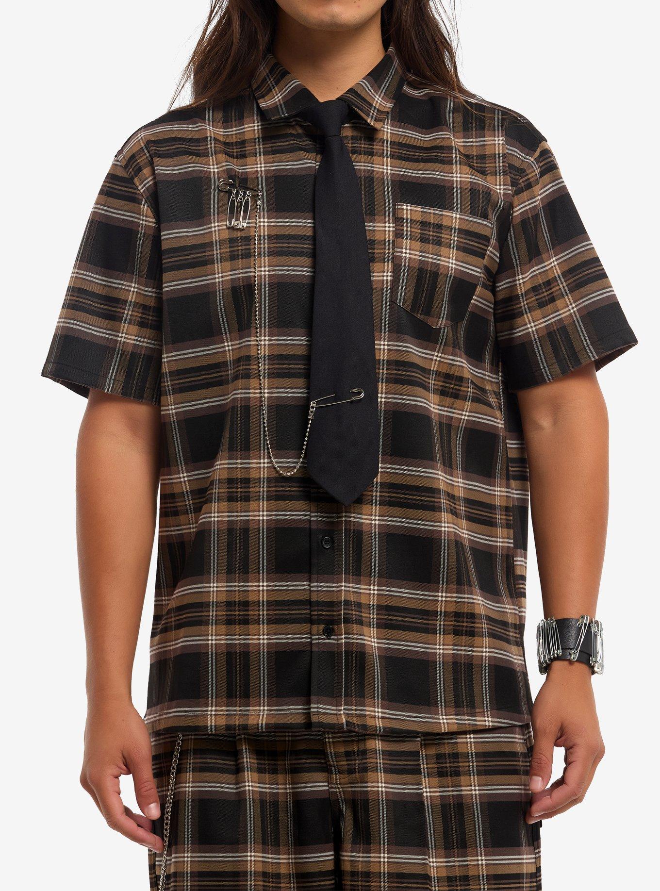 Brown & Black Plaid Woven Button-Up With Tie, , hi-res