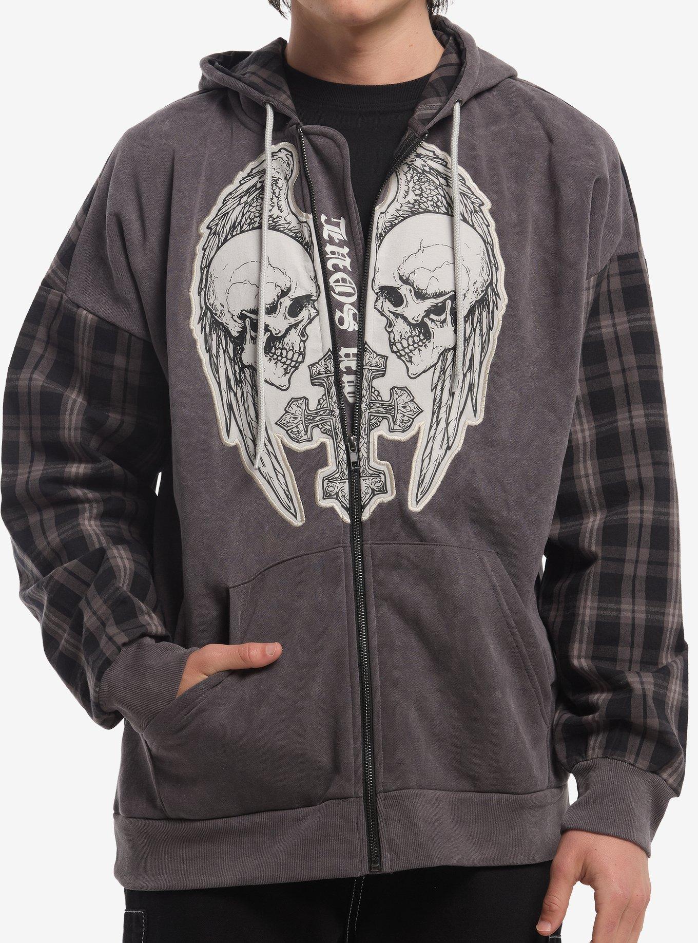 Grey Plaid Skull Wing Cross Hoodie, , hi-res
