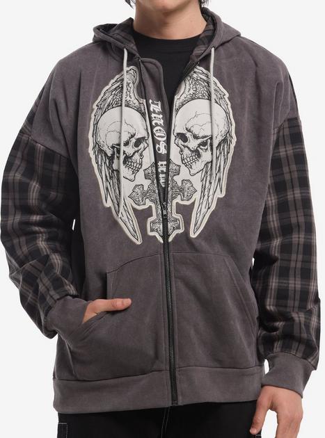 Grey Plaid Skull Wing Cross Hoodie | Hot Topic
