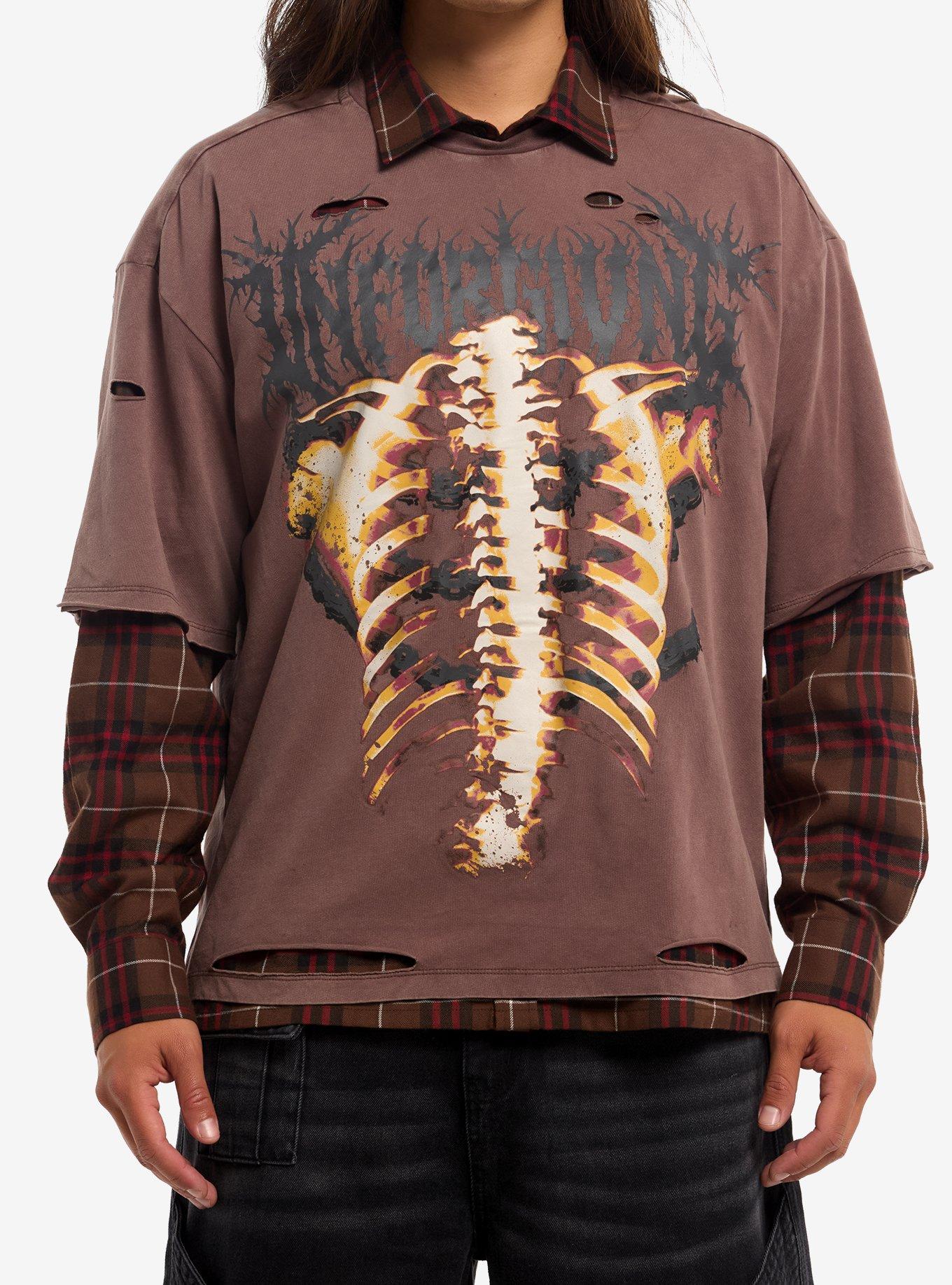 Unforgiving Rib Cage Plaid Distressed Twofer Long-Sleeve Tee, , hi-res