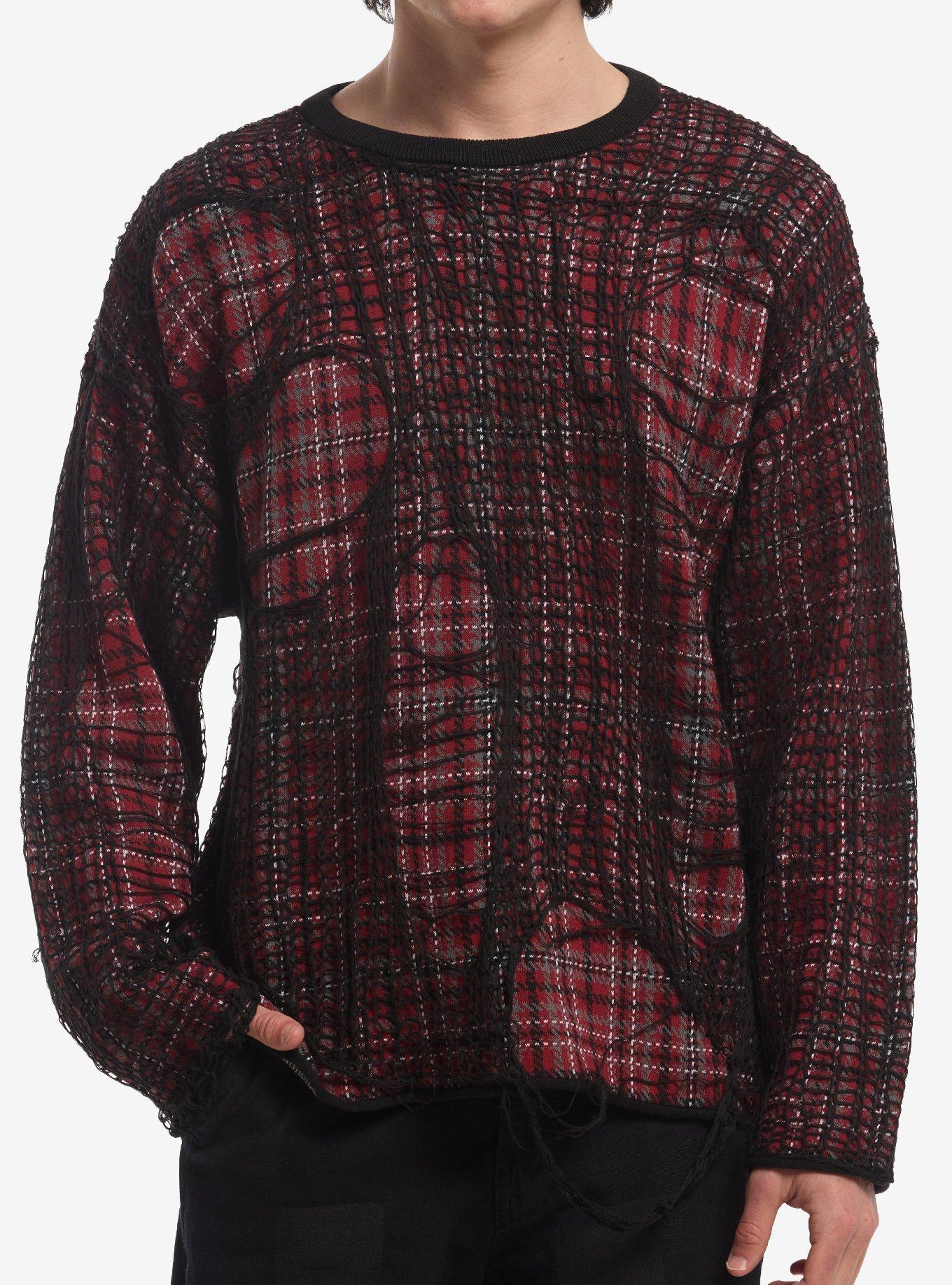 Red Plaid Fishnet Destructed Sweater, , hi-res