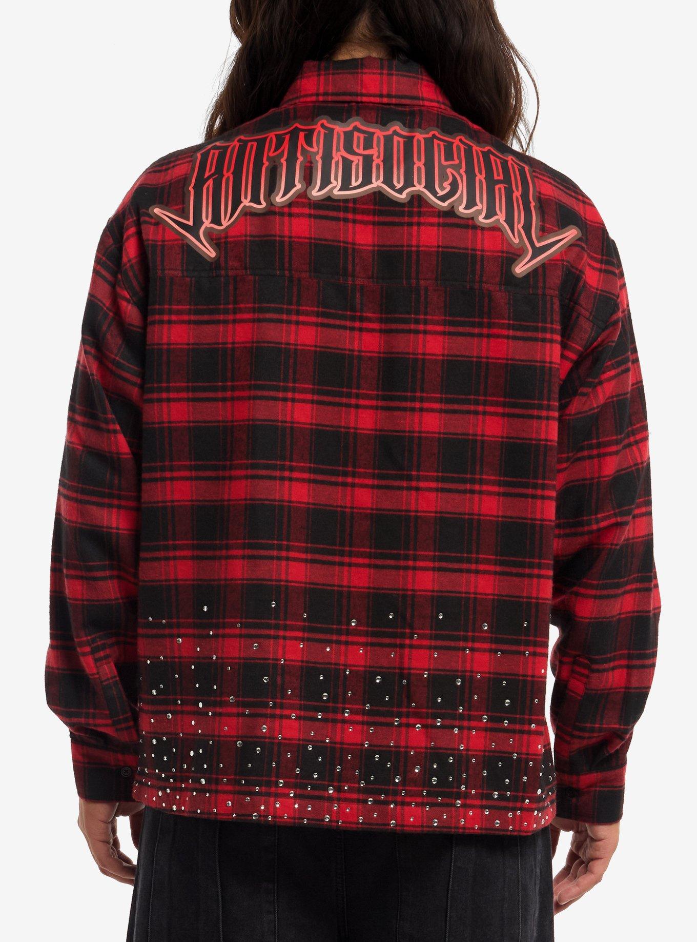 Antisocial Rhinestone Red Plaid Woven Button-Up, , hi-res