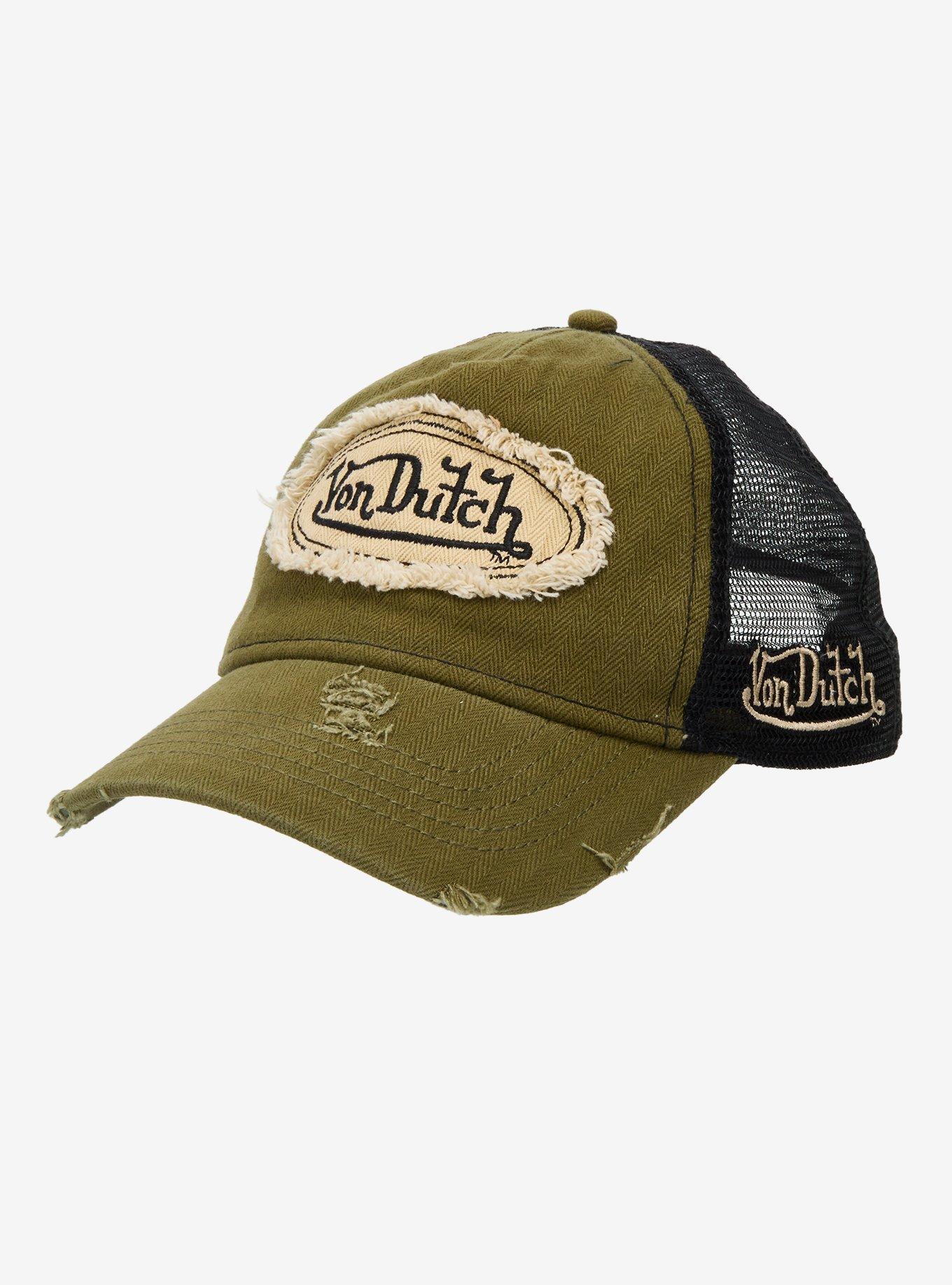 Von Dutch トラッカーキャップ 茶色/緑 Von Dutch Black & Army Green Distressed Trucker Hat | Hot Topic
