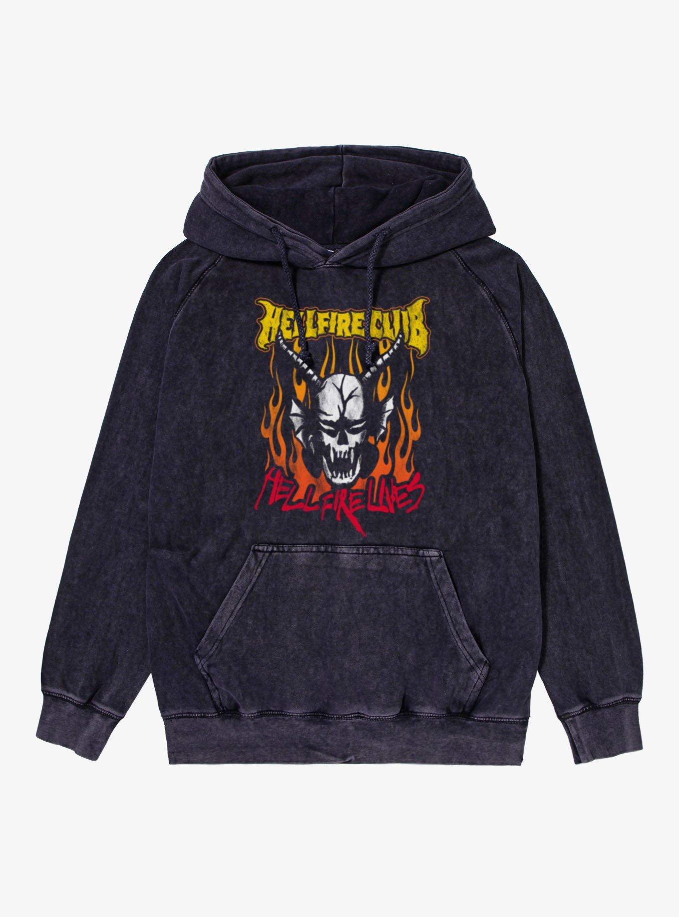 Stranger Things Hellfire Club Lives Flames Mineral Wash Hoodie, , hi-res