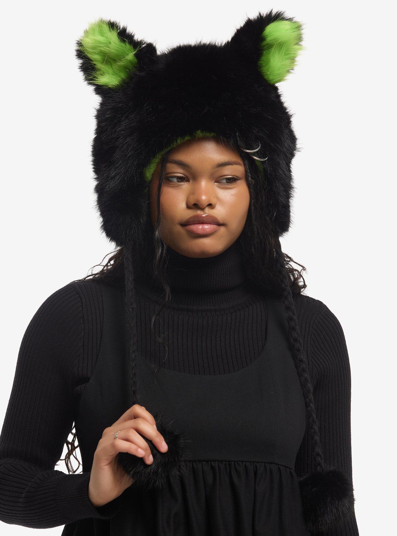 Black & Neon Green Fuzzy Cat Ear Tassel Beanie, , hi-res