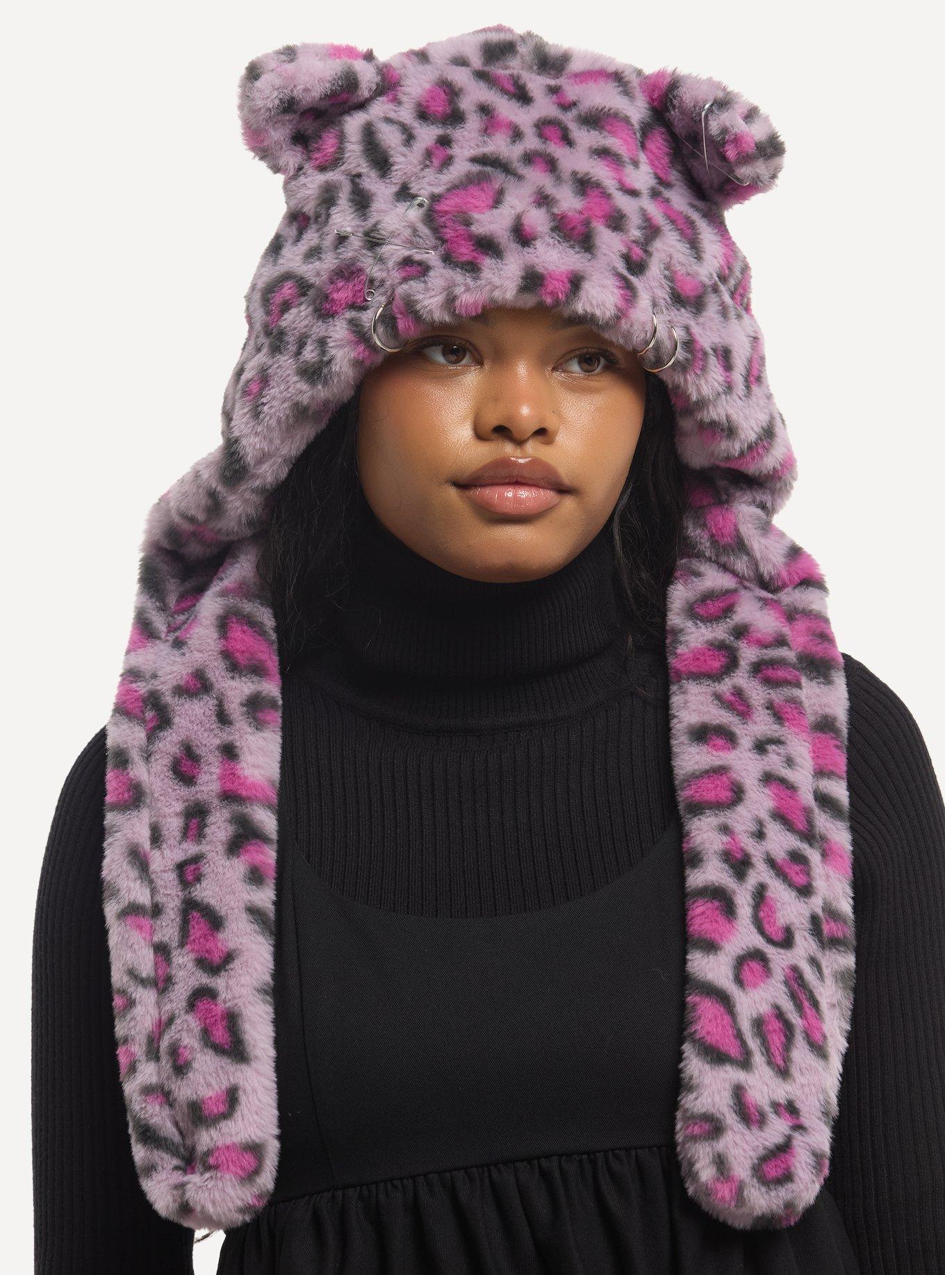 Pink Leopard Furry Tassel Beanie With Ears, , hi-res