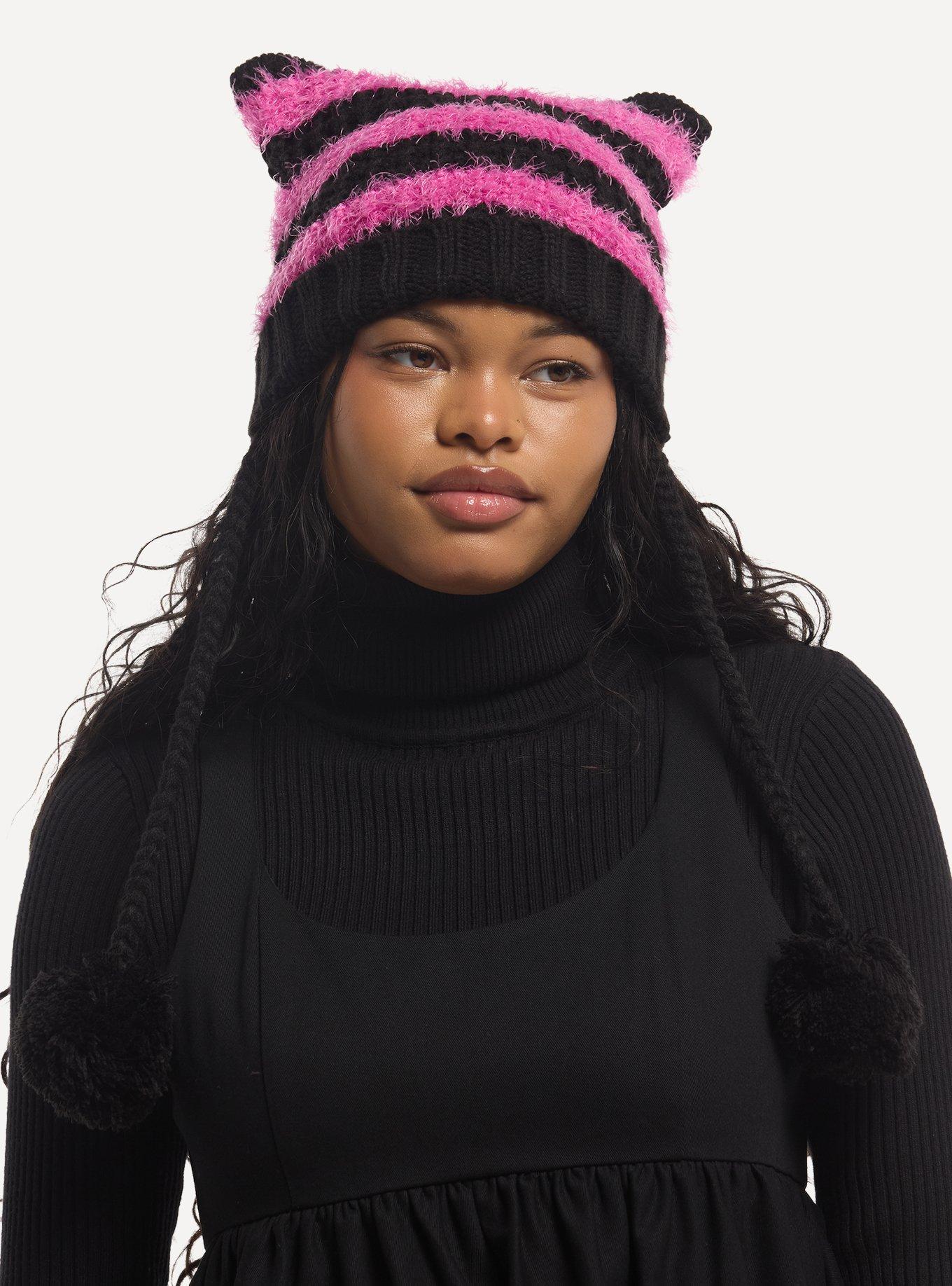 Black & Pink Fuzzy Stripe Ear Tassel Beanie, , hi-res