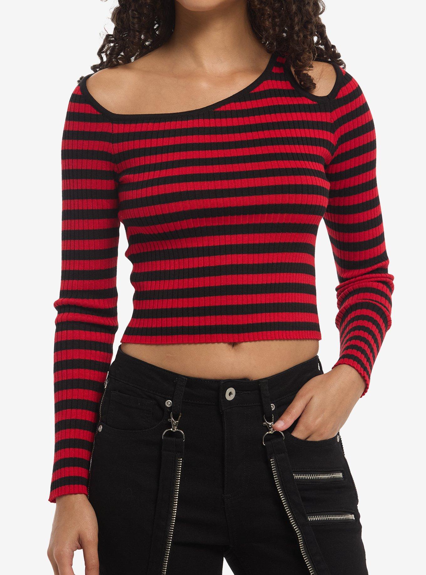 Black & Red Stripe Girls Cold-Shoulder Top, , hi-res