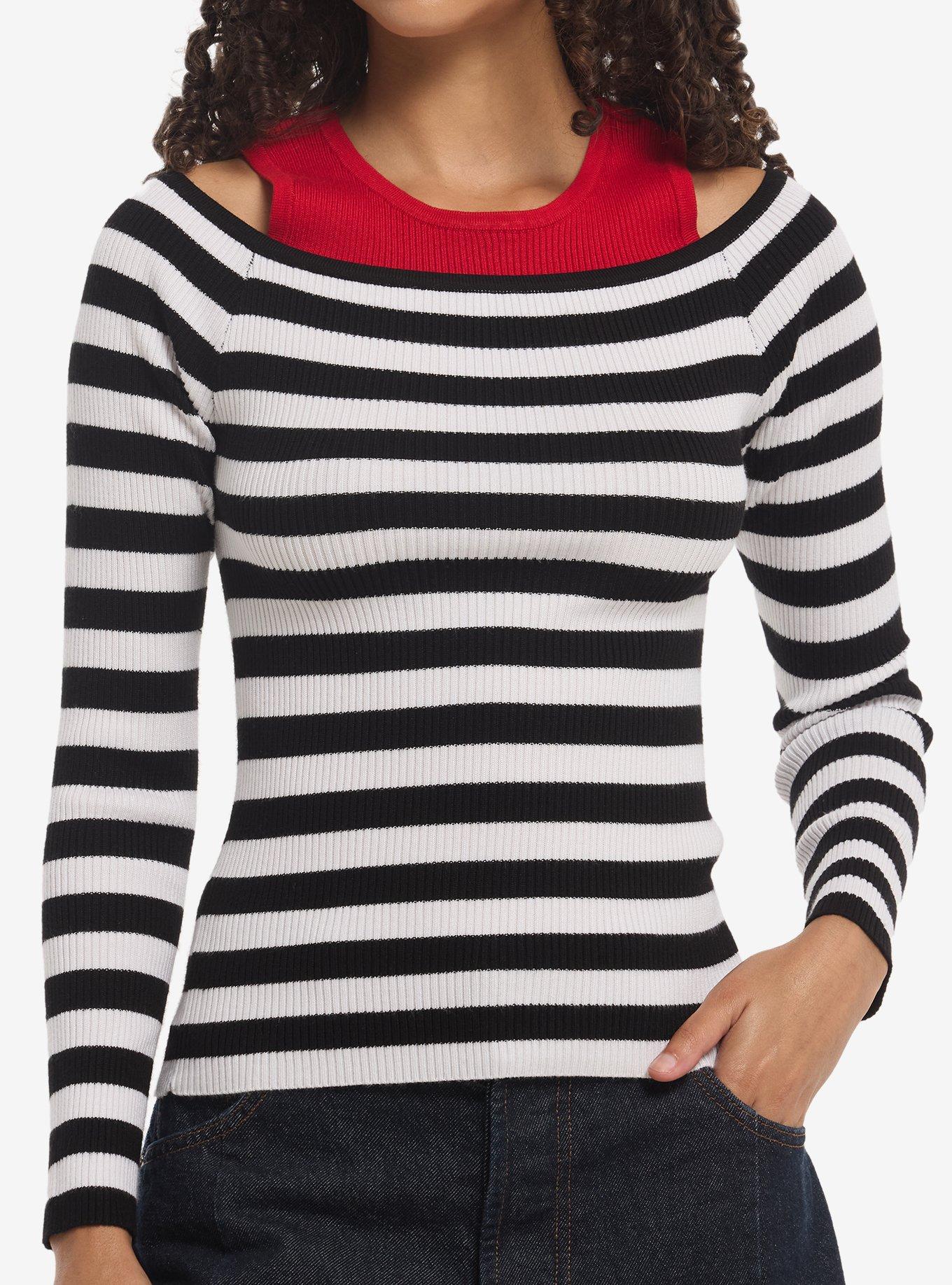 Black & White Stripe Girls Cold-Shoulder Top, , hi-res