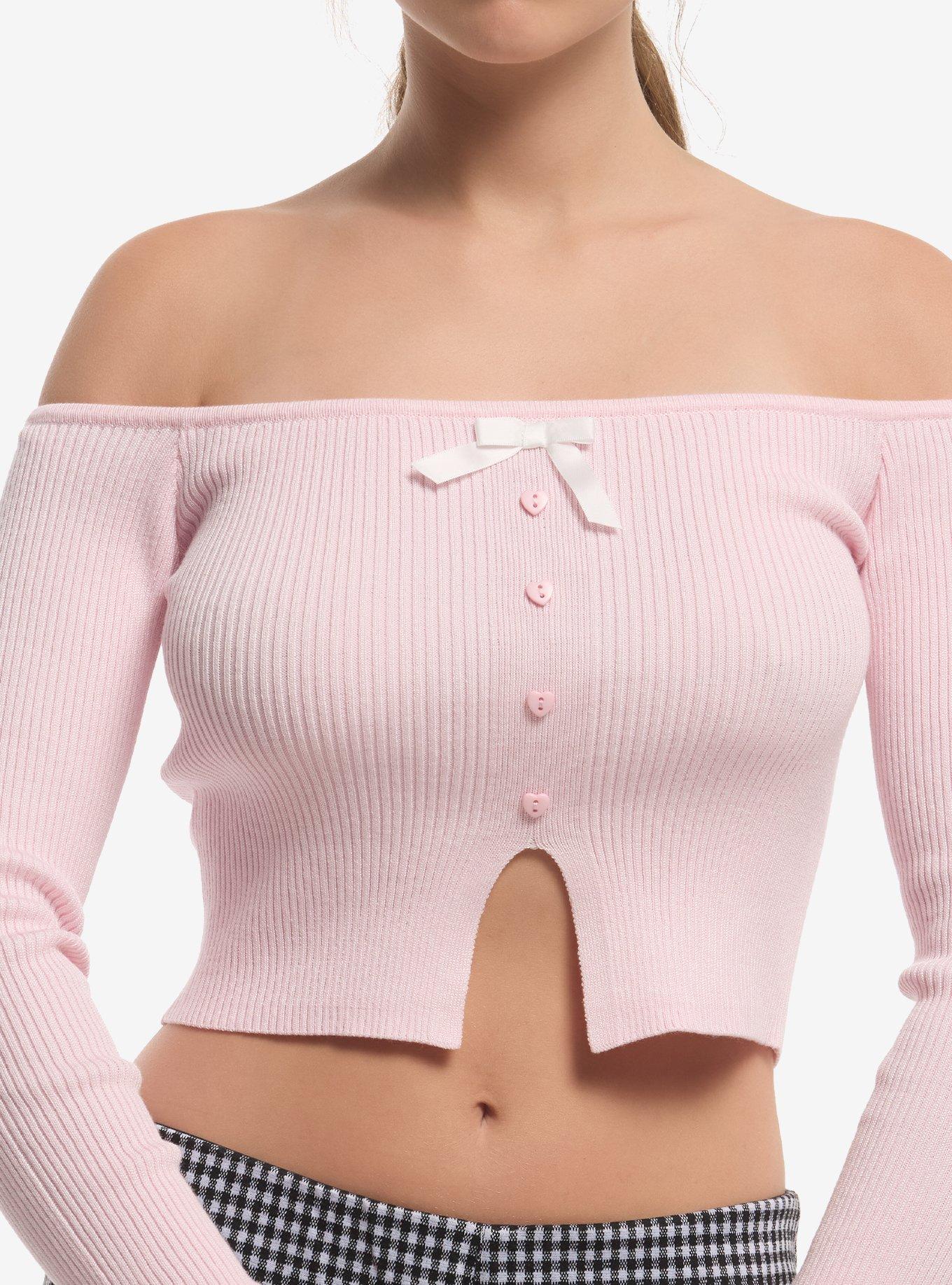 Sweet Society Pink Heart Ribbon Girls Off-Shoulder Long-Sleeve Top, , hi-res