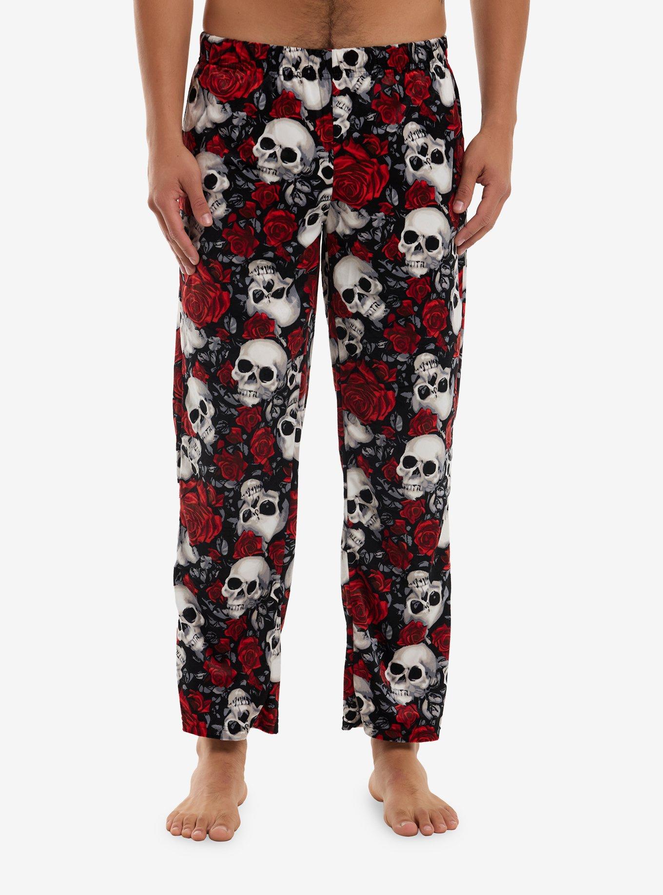 Skulls & Roses Plush Pajama Pants, , hi-res