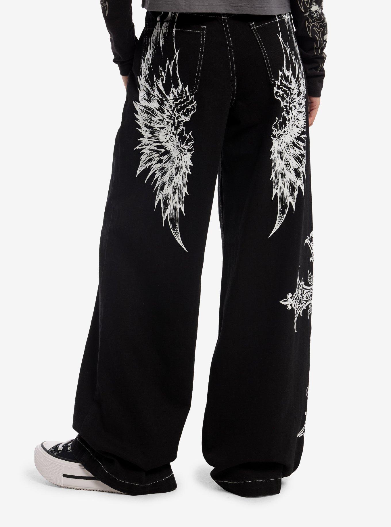 Social Collision Black & White Wing Cross Wide Leg Jeans, , hi-res
