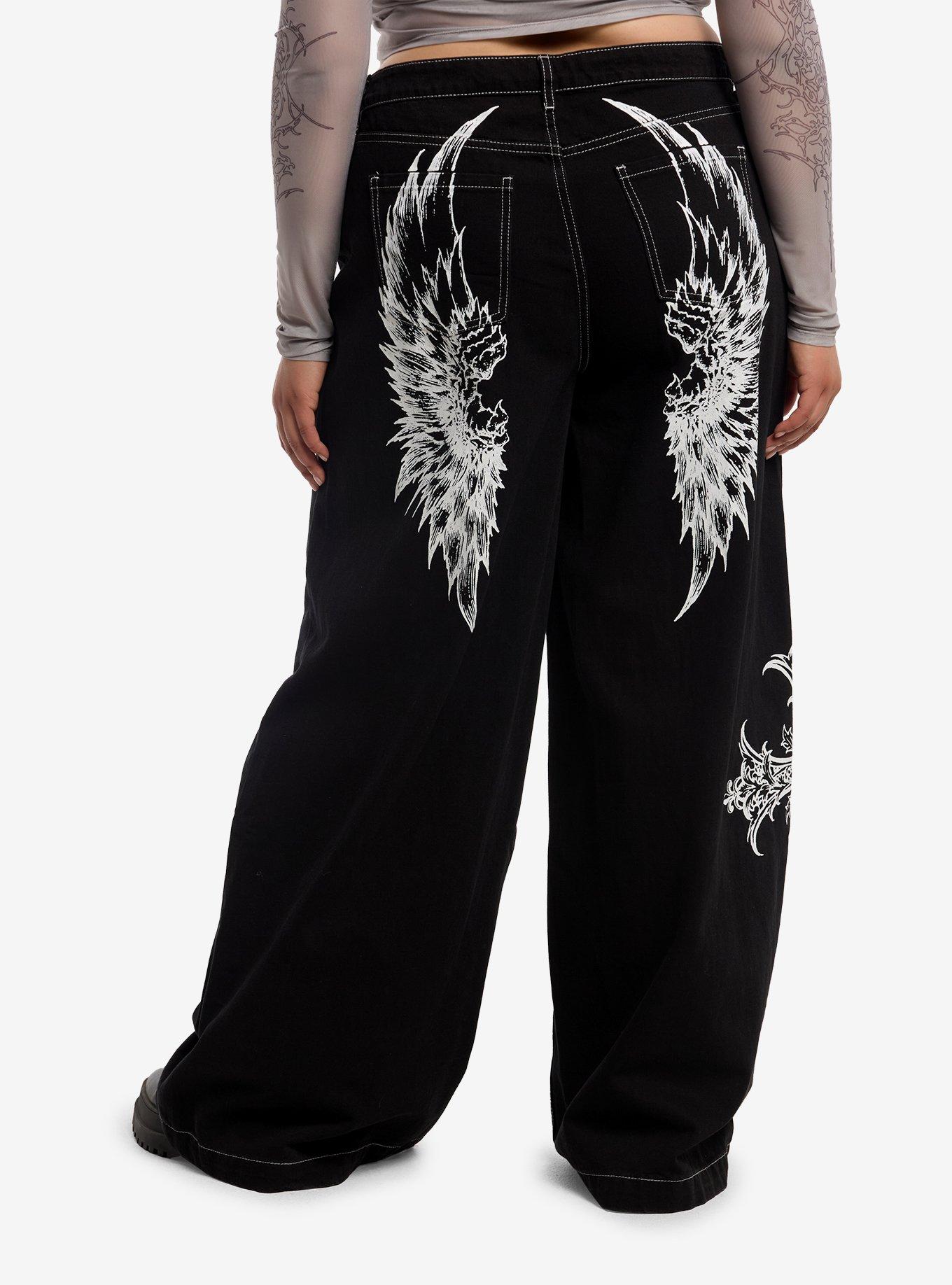 Social Collision Black & White Wing Cross Wide Leg Jeans Plus Size, , hi-res