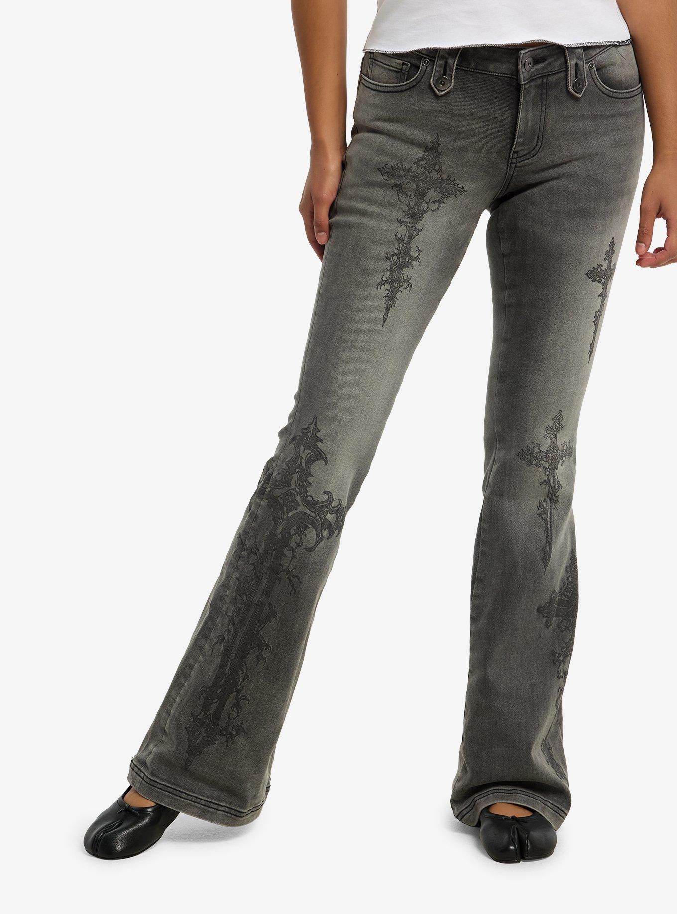 Social Collision Black Wash Cross Flare Jeans, , hi-res