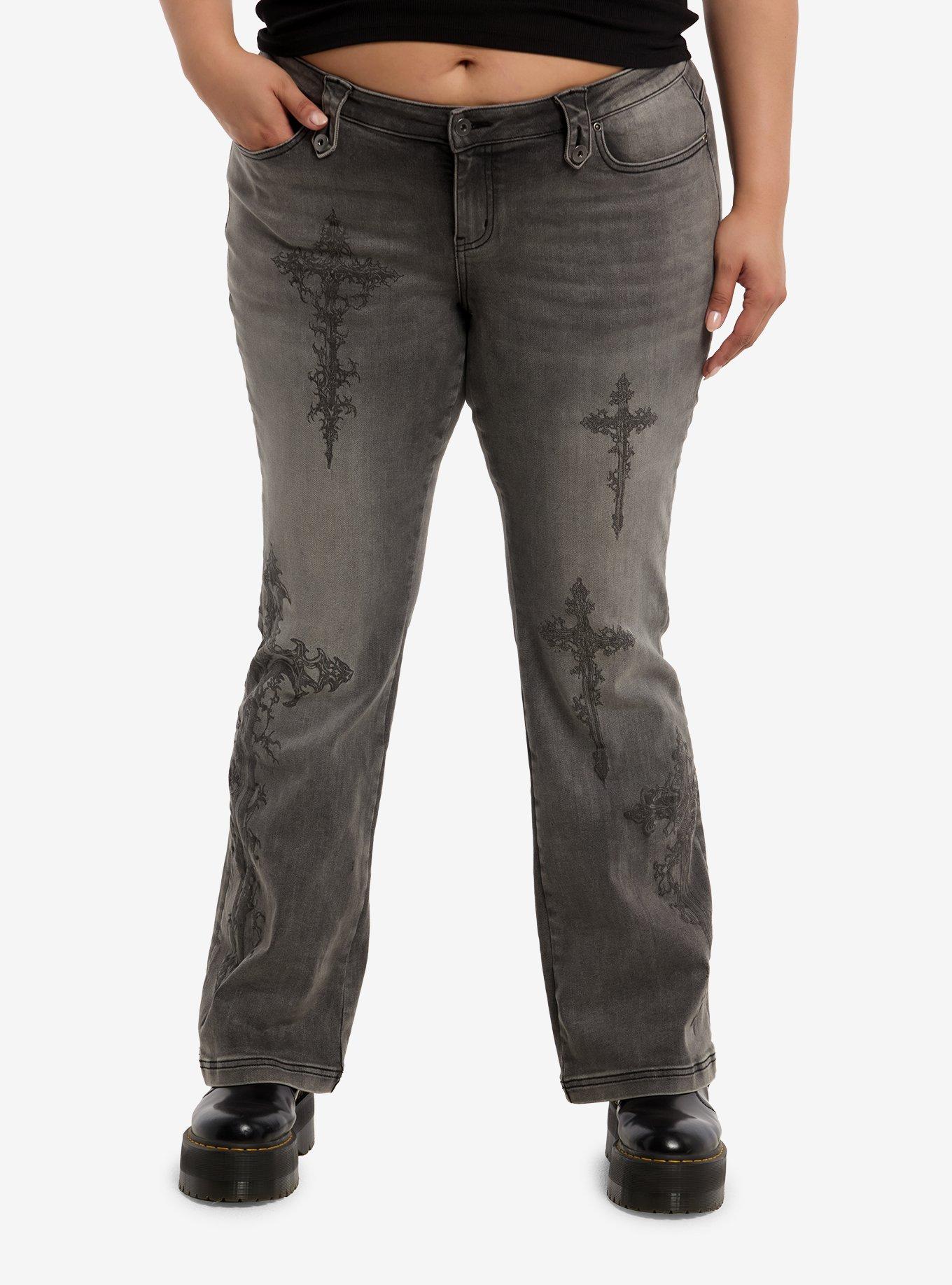 Social Collision Black Wash Cross Flare Jeans Plus Size, , hi-res