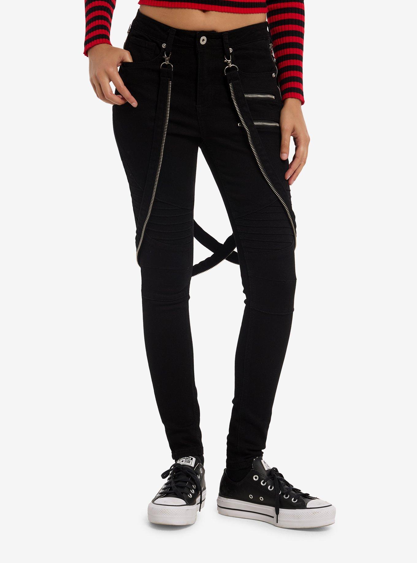 Social Collision Black Zipper Suspender Skinny Jeans, , hi-res