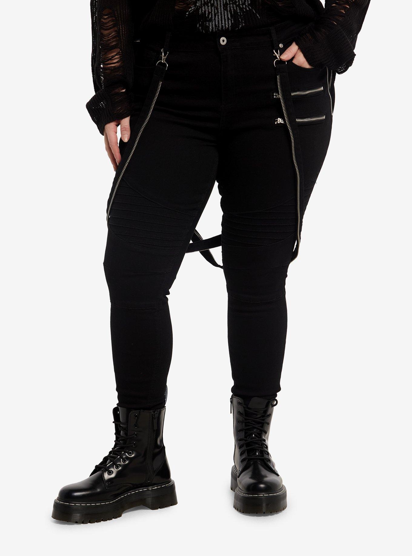 Social Collision Black Zipper Suspender Skinny Jeans Plus Size, , hi-res