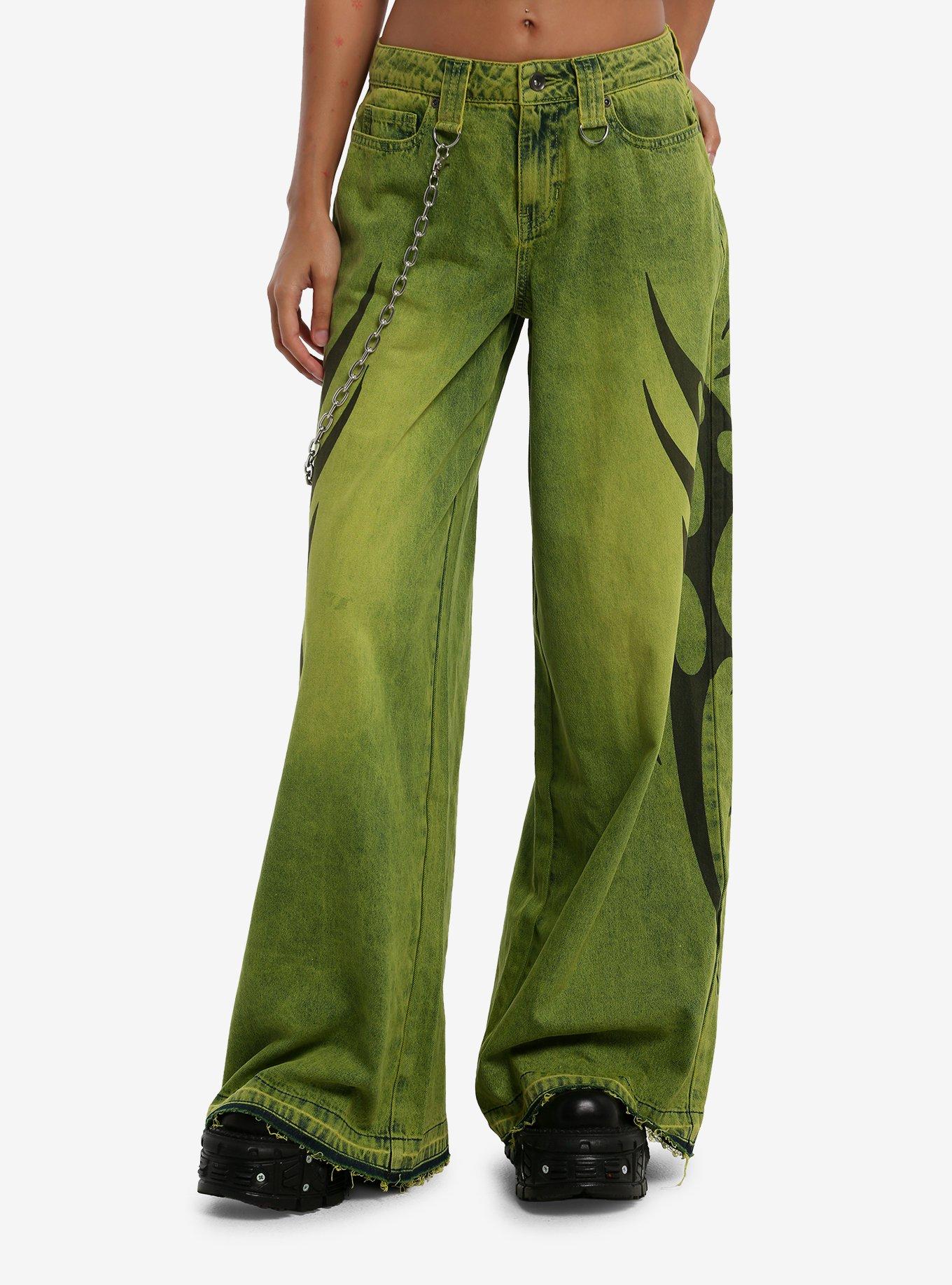 Social Collision Acid Green Cyber Sigil Jeans With Side Chain