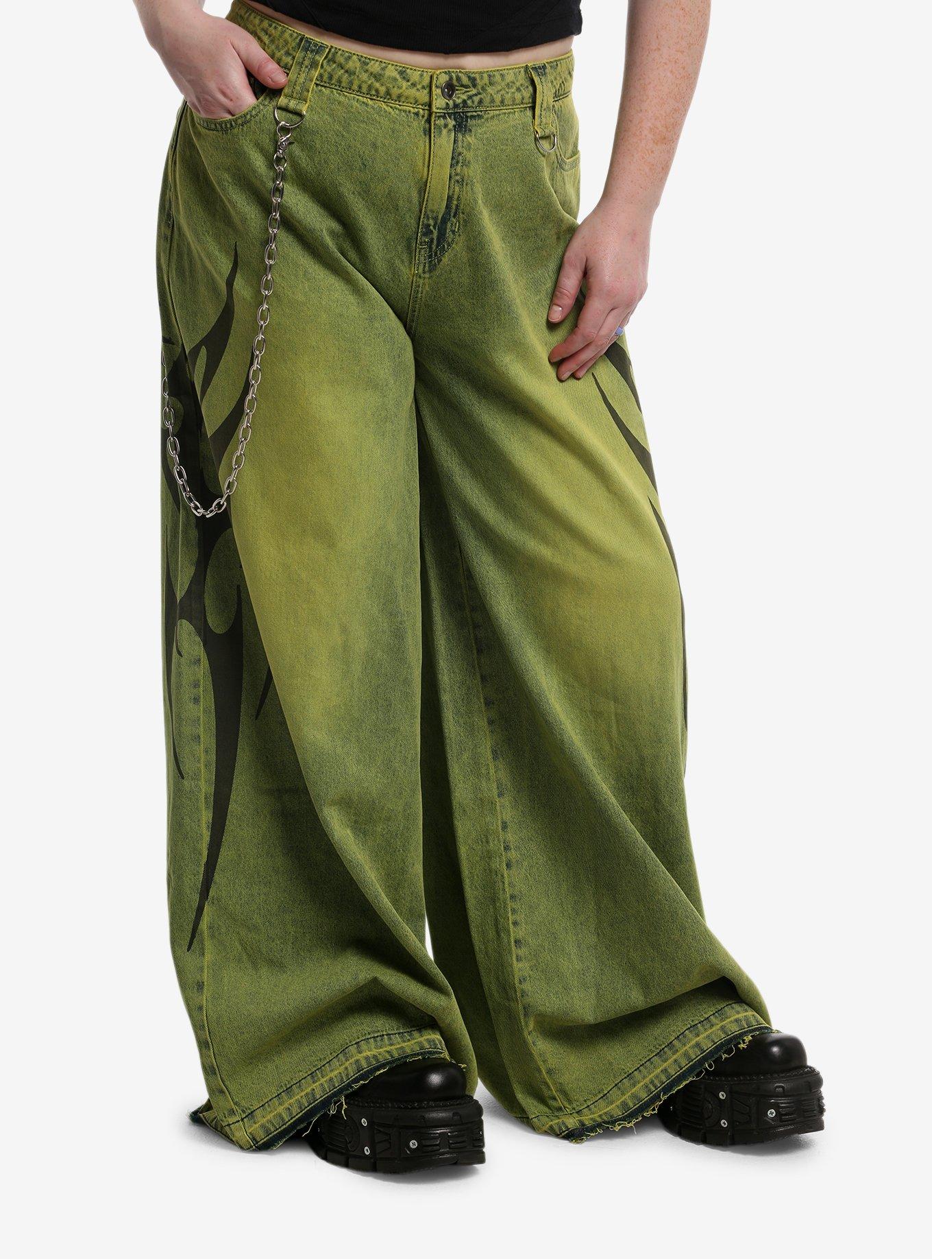 Social Collision Acid Green Cyber Sigil Jeans With Side Chain Plus Size, , hi-res