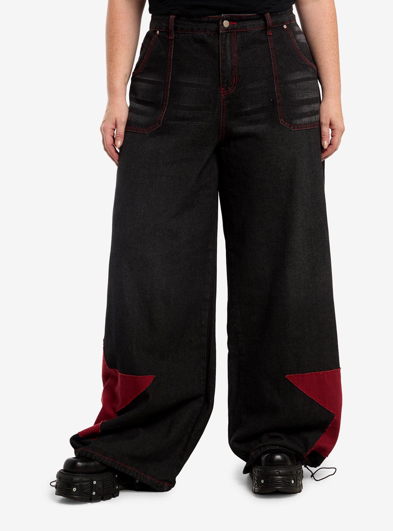 Black & Red Star Wide Leg Jeans Plus Size, , hi-res