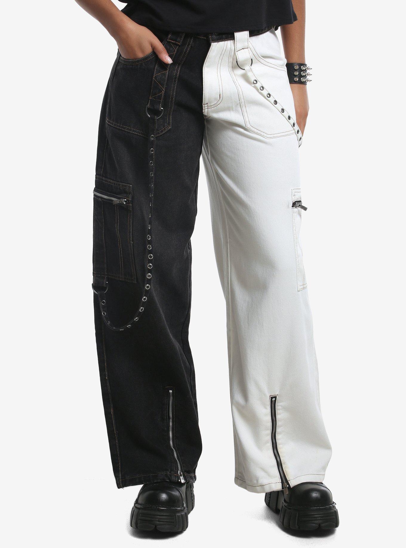 HOTTOPIC Black & White Split Grommet Strap Jeans