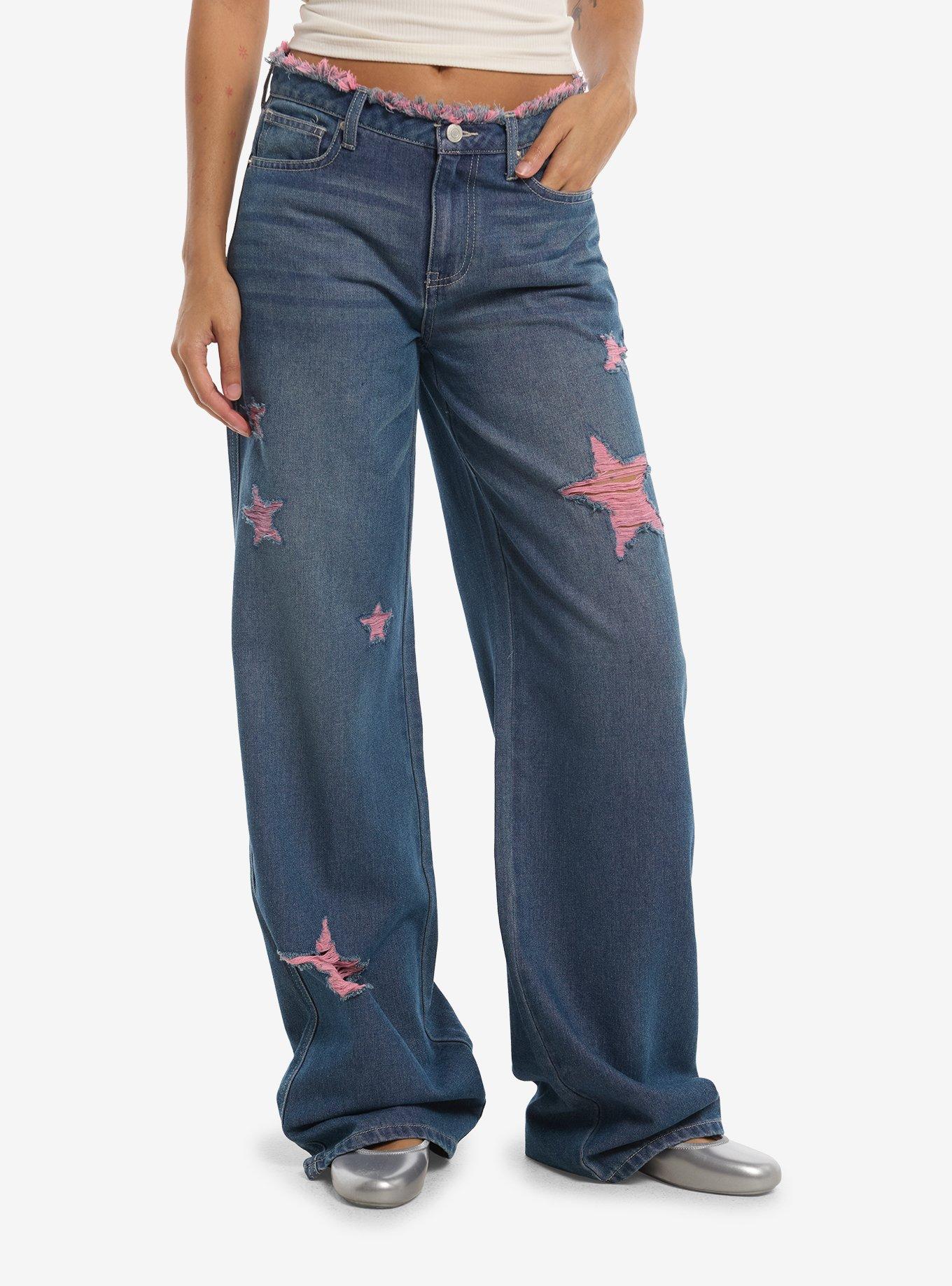 Sweet Society Destructed Pink Star Wide Leg Jeans, , hi-res
