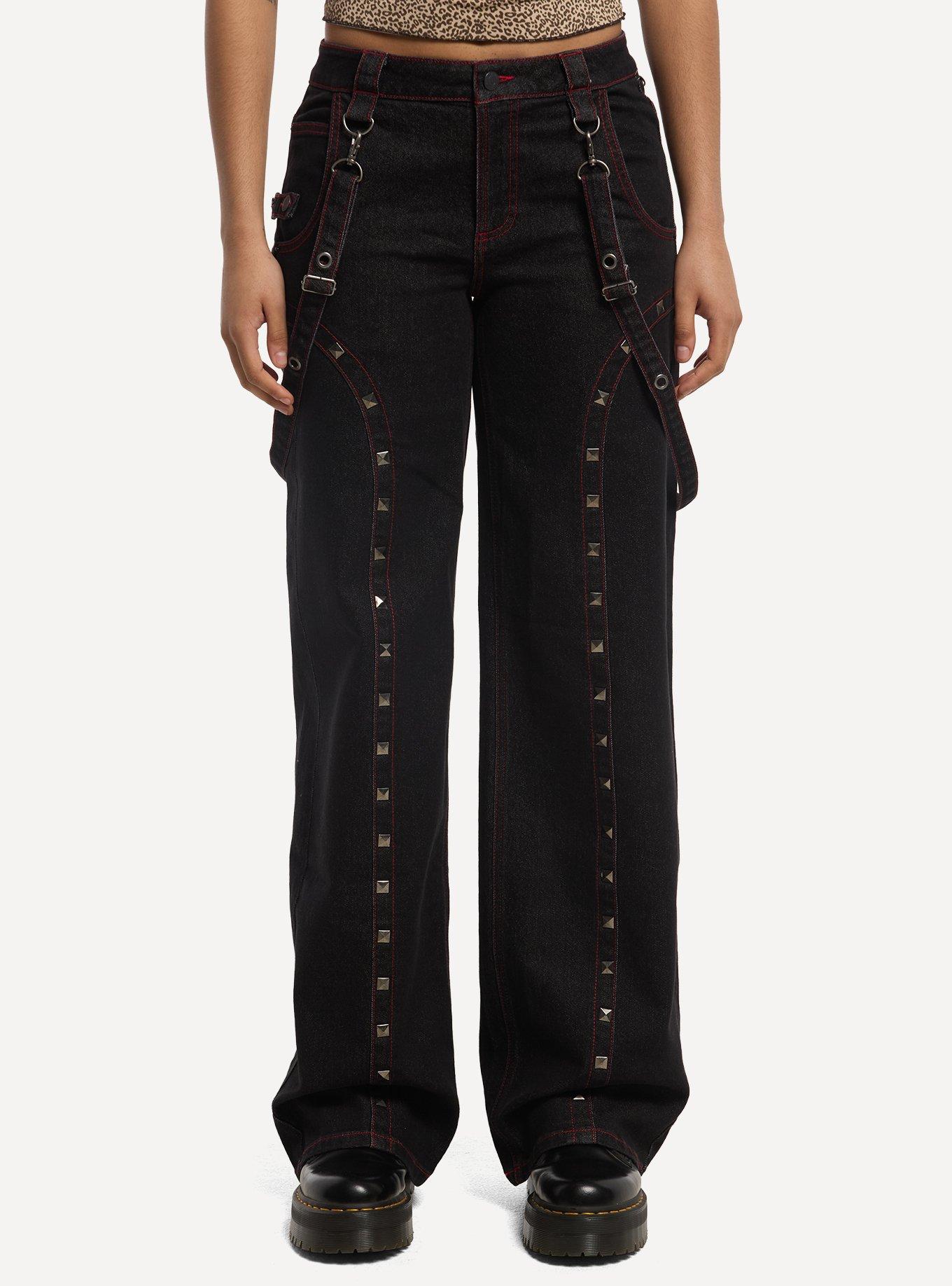 Black & Red Stud Suspender Wide Leg Jeans, , hi-res