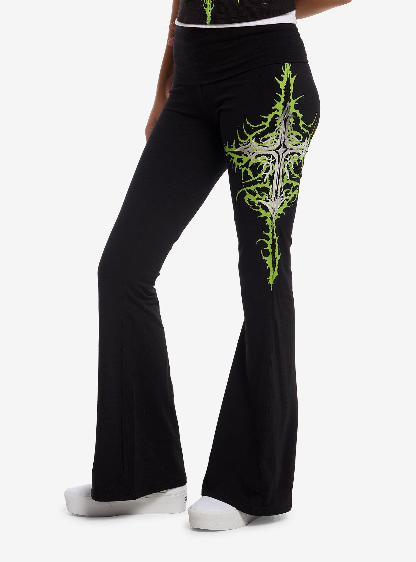 Social Collision Black & Neon Green Cyber Cross Flare Leggings, , hi-res