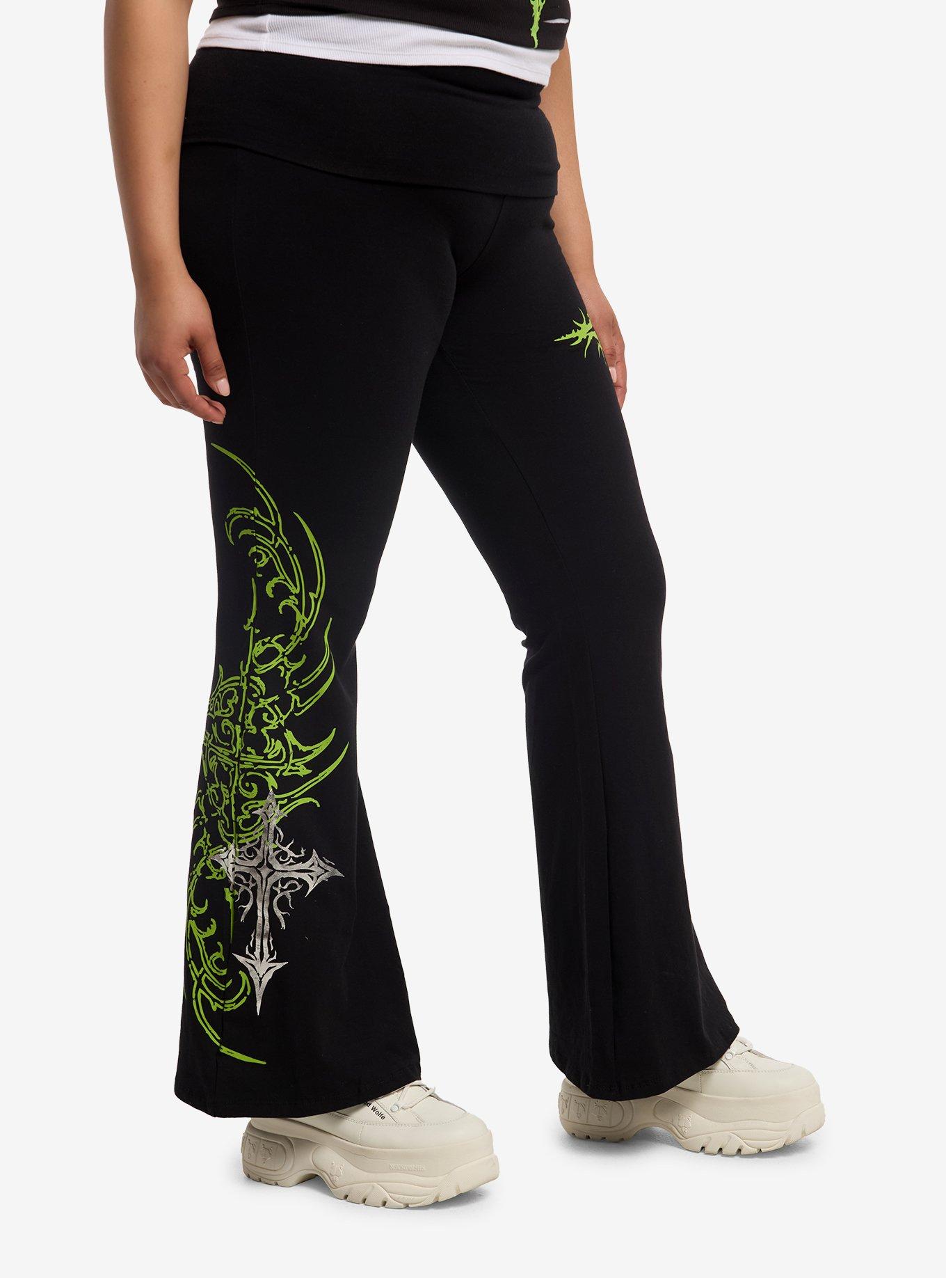 Social Collision Black & Neon Green Cyber Cross Flare Leggings Plus Size
