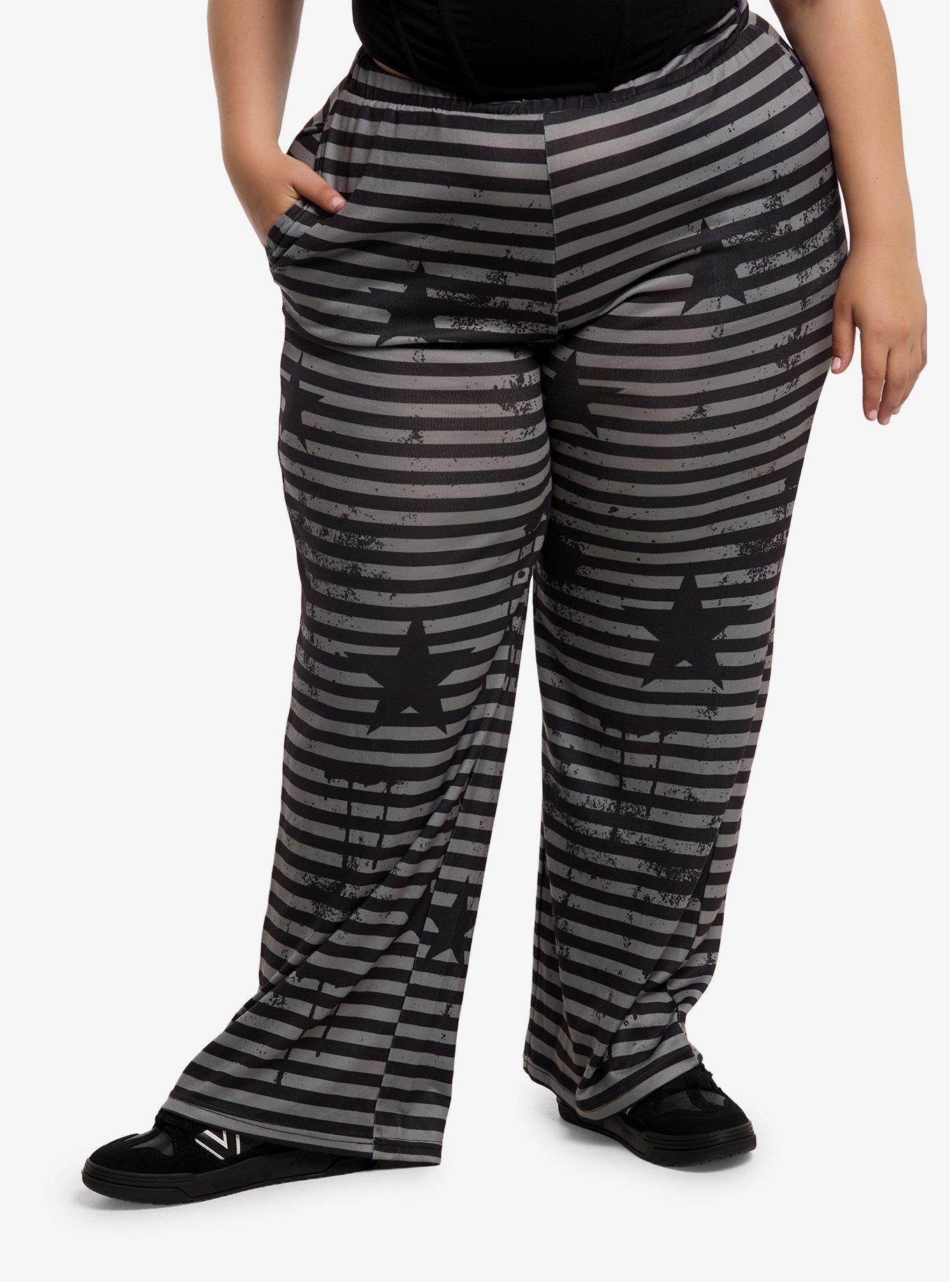 Black & Grey Stripe Grunge Star Sweatpants Plus Size, , hi-res
