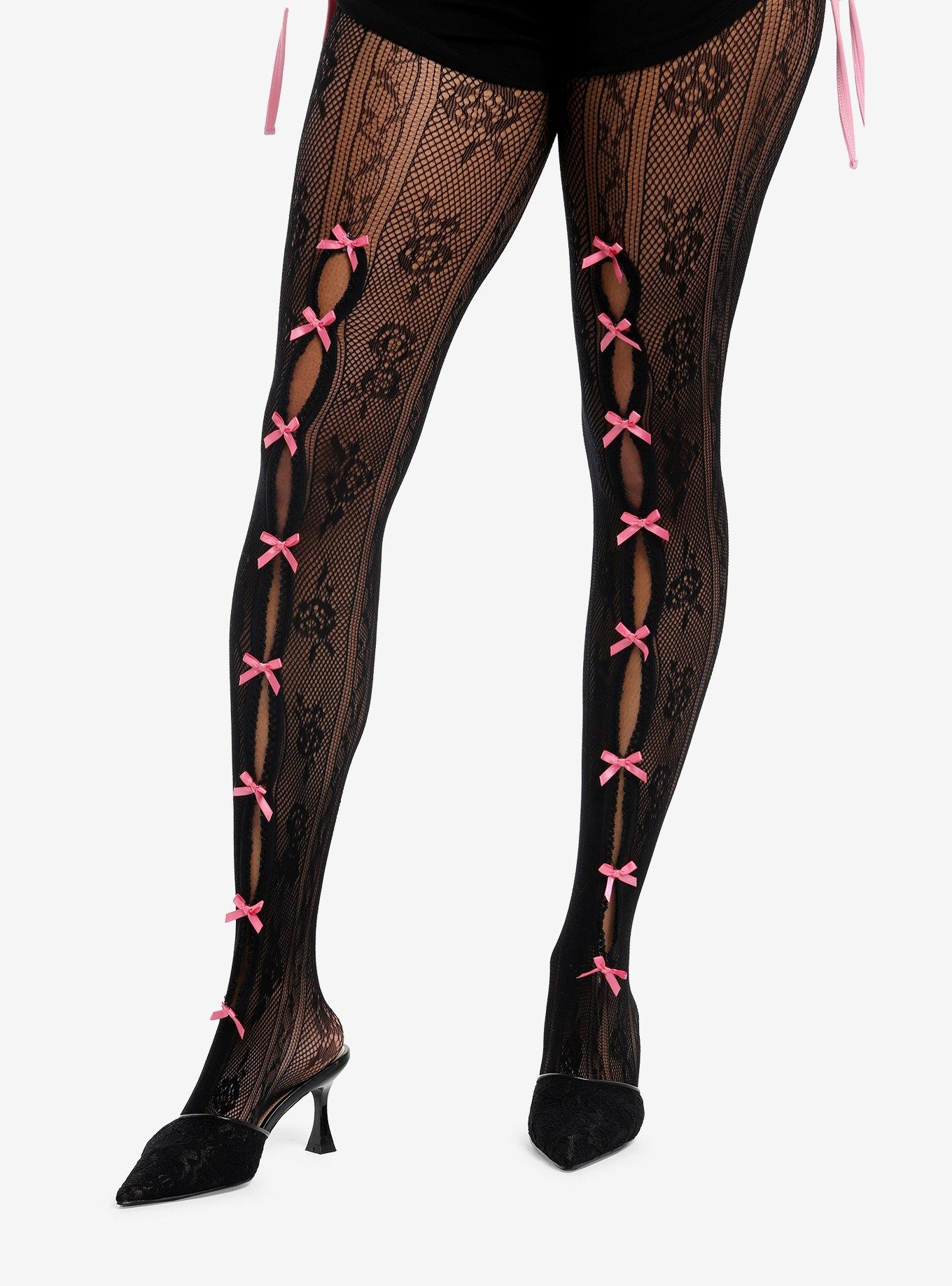 Pink Ribbon Cutout Fishnet Tights, , hi-res