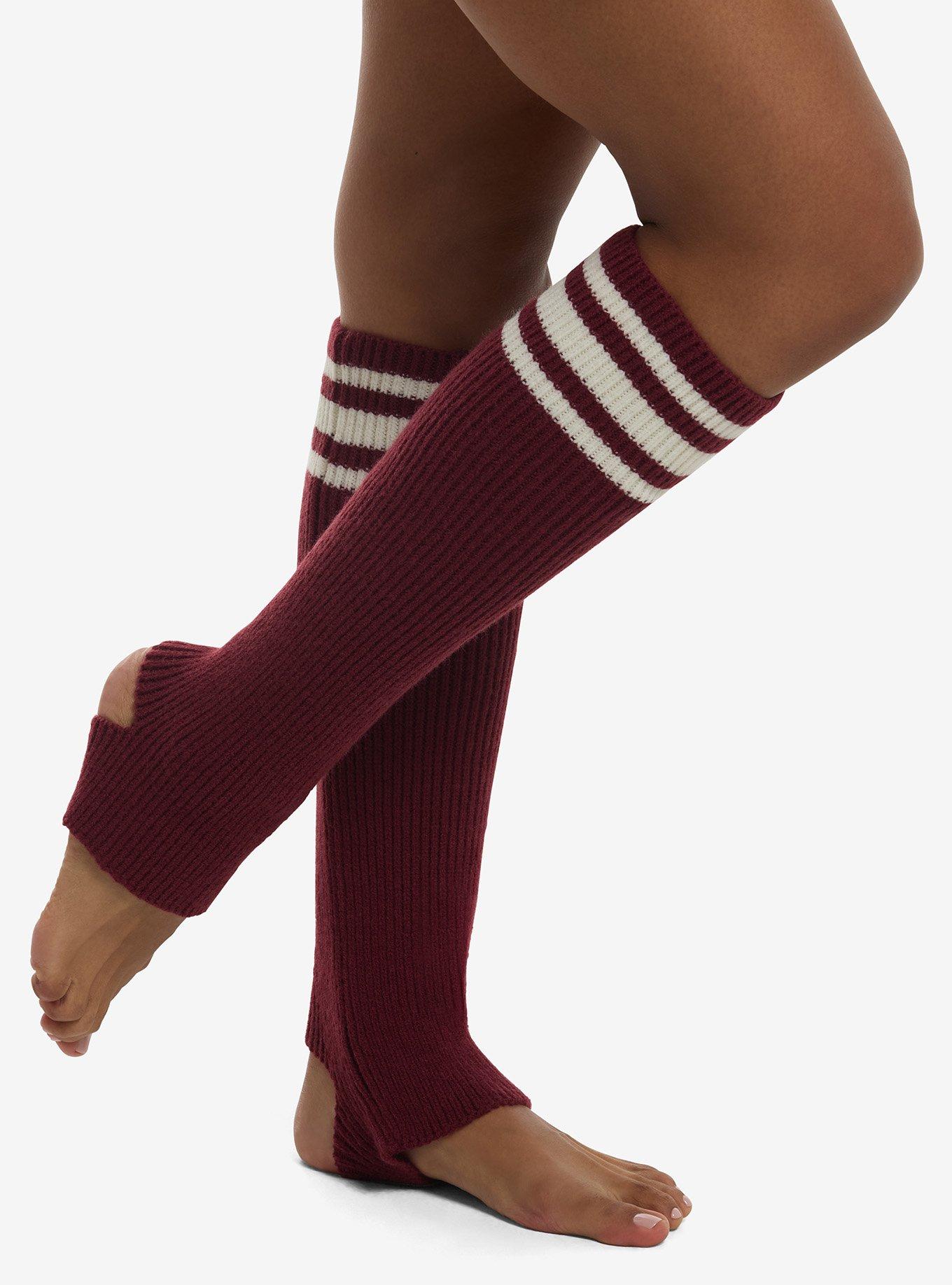 Burgundy Varsity Stripe Stirrup Leg Warmers, , hi-res