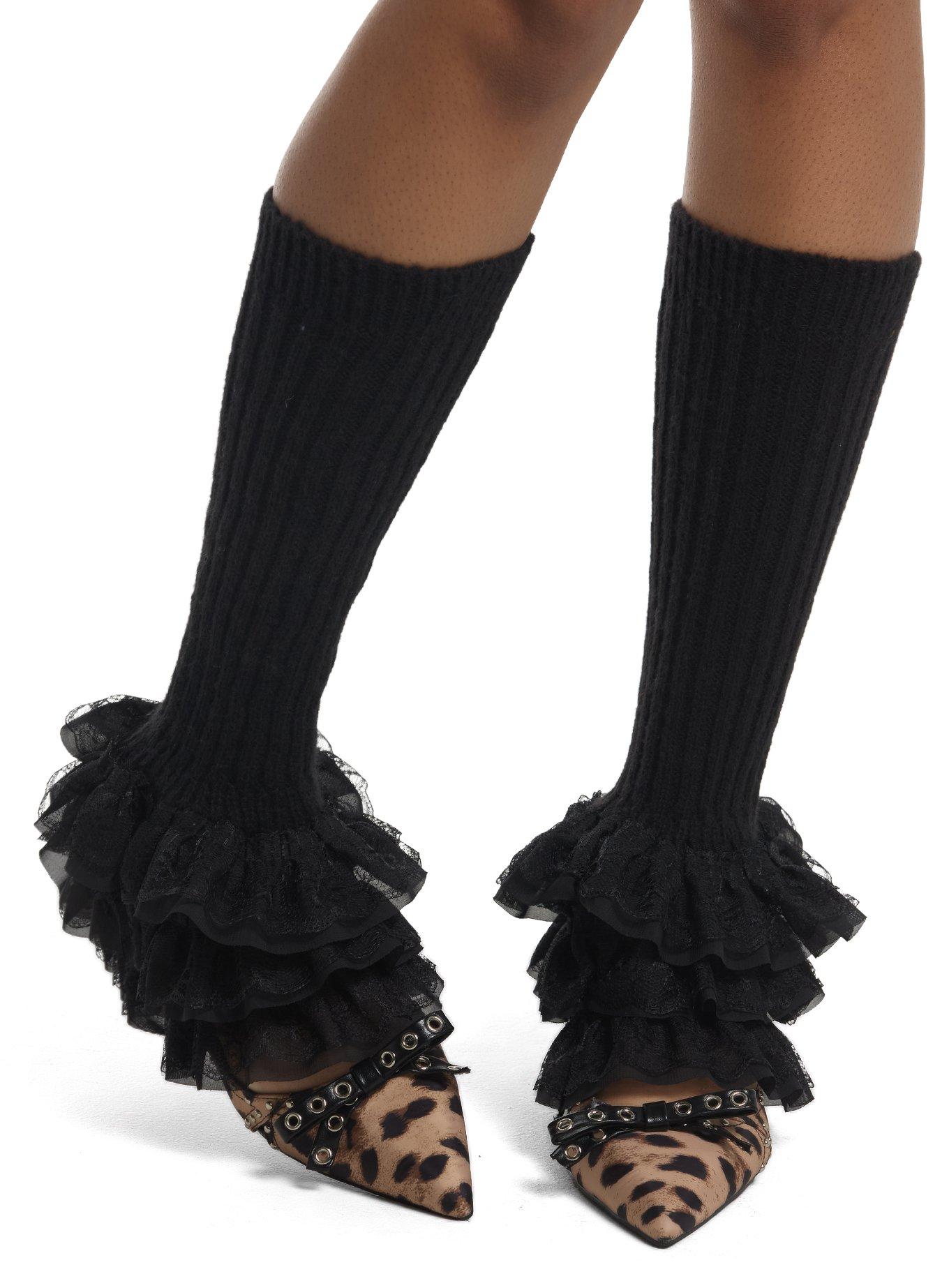 Black Lace Tiered Ruffle Leg Warmers, , hi-res