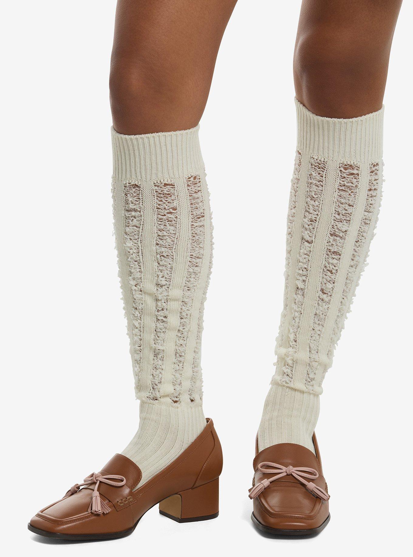 Cream Distressed Knee-High Socks, , hi-res
