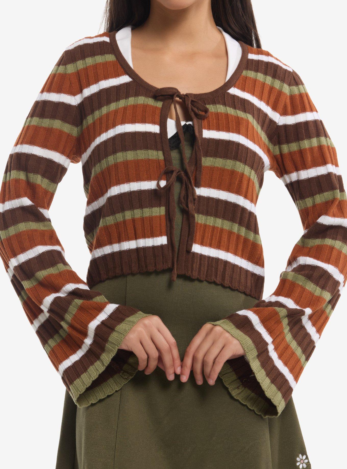 Thorn & Fable Brown Stripe Girls Crop Cardigan, , hi-res
