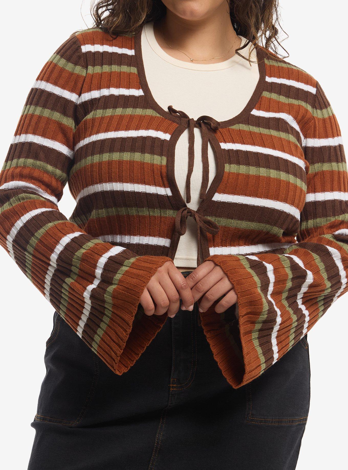 Thorn & Fable Brown Stripe Girls Crop Cardigan Plus Size, , hi-res