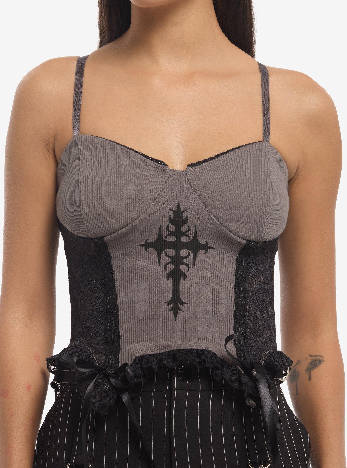 Social Collision Grey & Black Lace Girls Corset Top, , hi-res