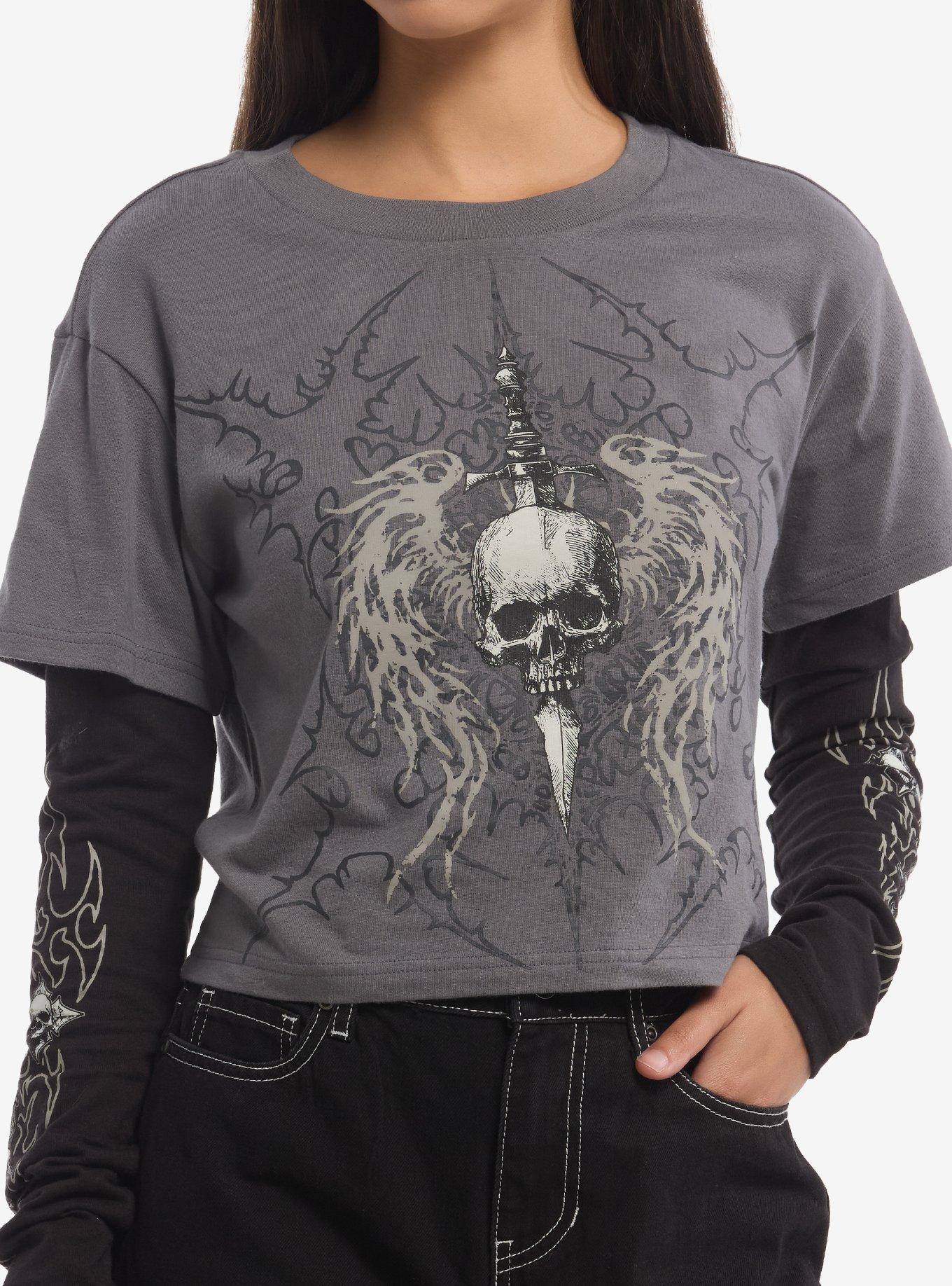 Social Collision Dagger Winged Skull Girls Twofer Long-Sleeve T-Shirt, , hi-res