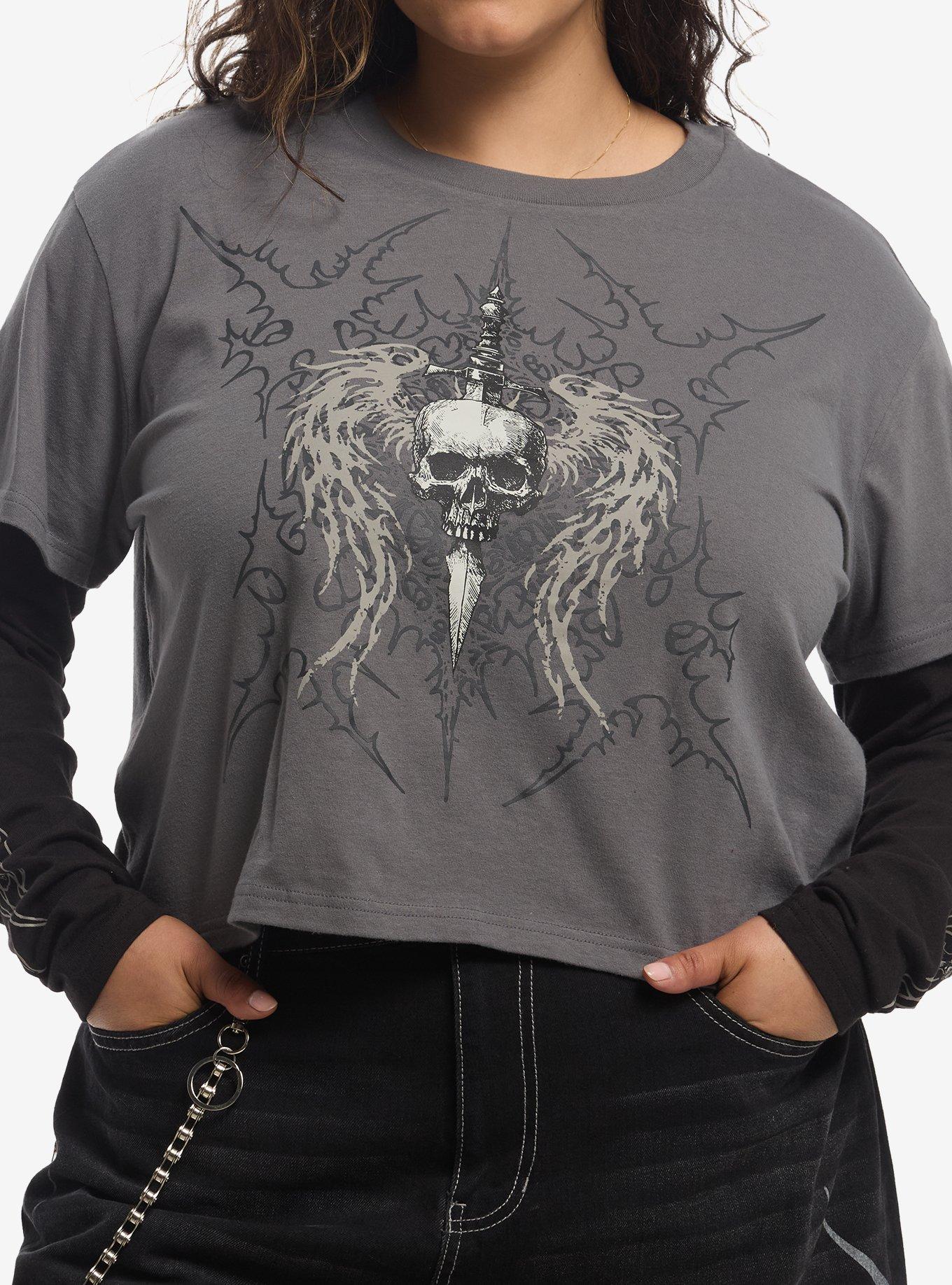 Social Collision Dagger Winged Skull Girls Twofer Long-Sleeve T-Shirt Plus Size, , hi-res