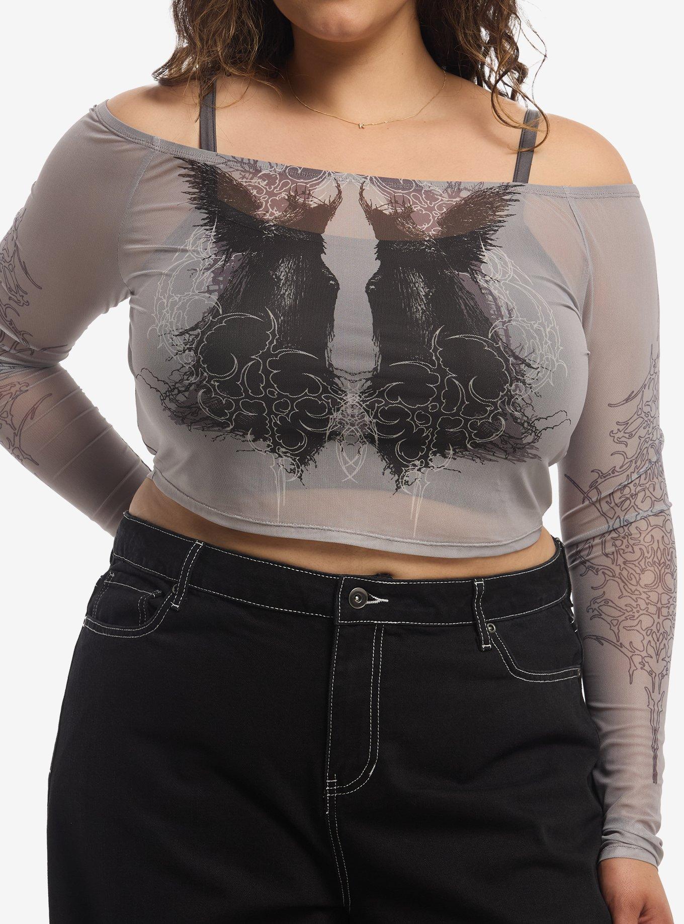Social Collision Winged Figure Girls Off-Shoulder Top Plus Size, , hi-res