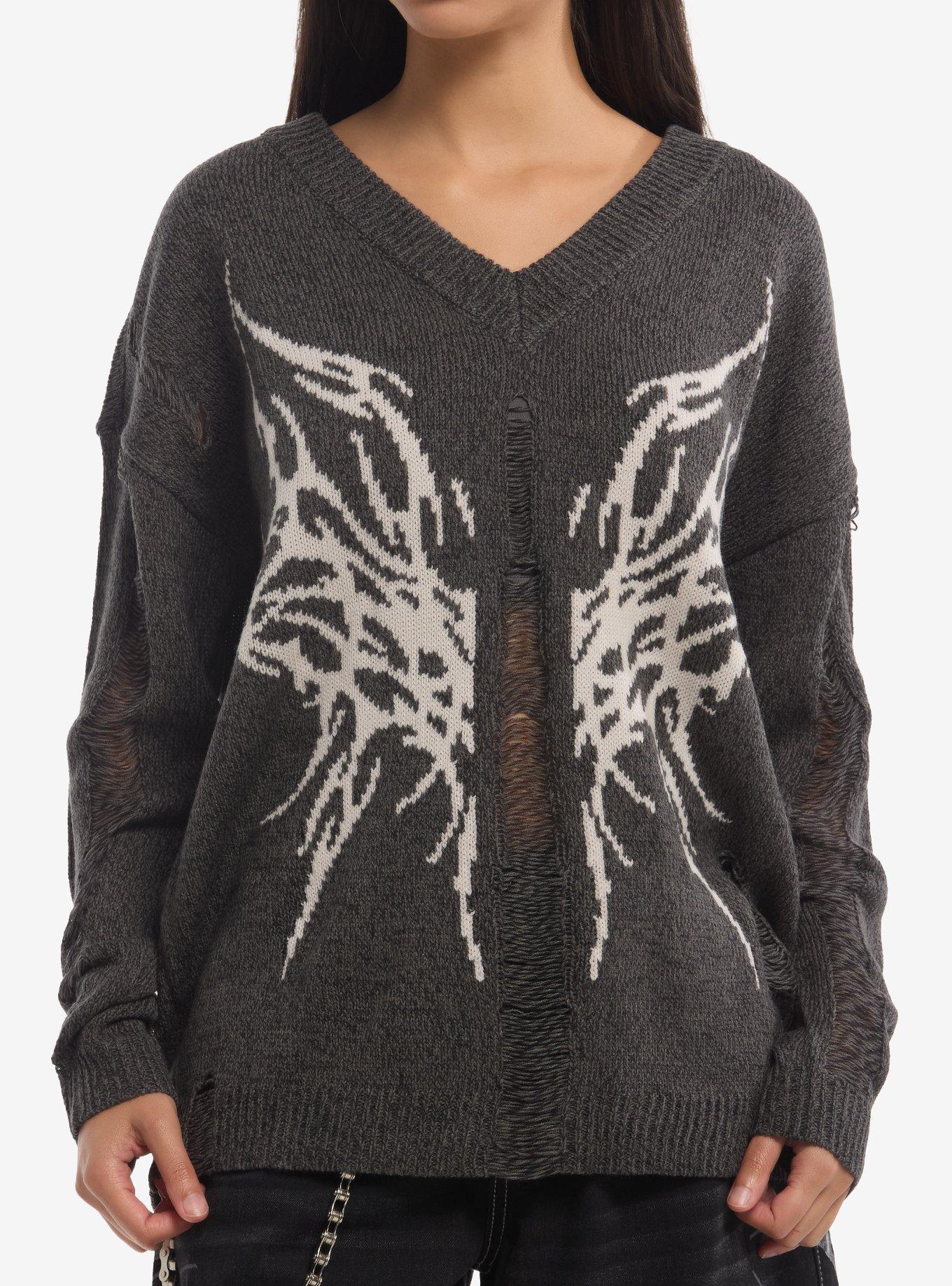 Social Collision Cyber Butterfly Destructed Girls Oversized Sweater, , hi-res