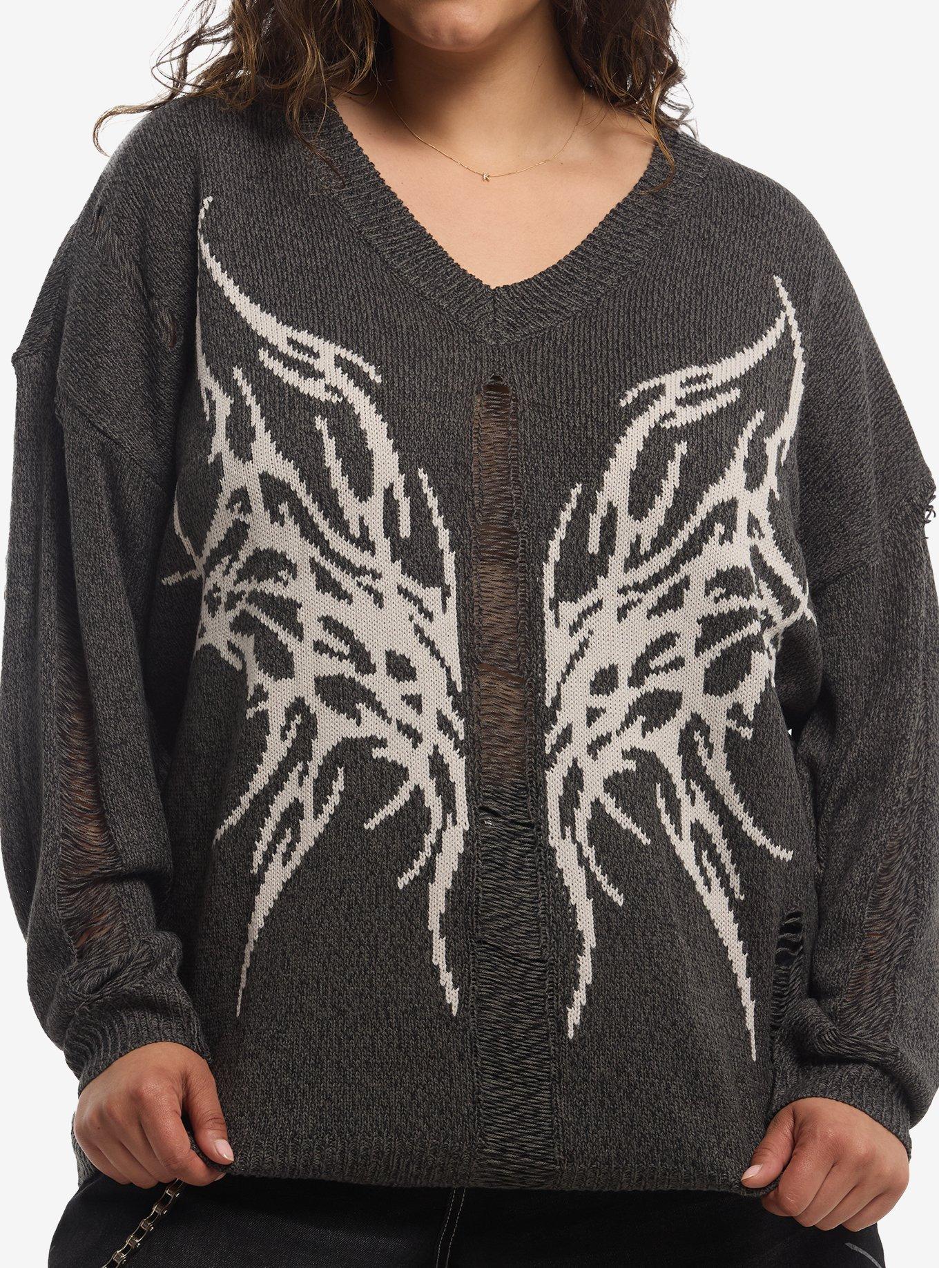 Social Collision Cyber Butterfly Destructed Girls Oversized Sweater Plus Size, , hi-res